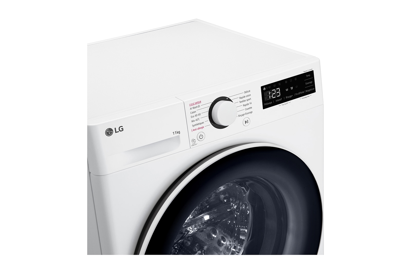 Pannello di controllo lavatrice bianco con quadrante e display. Logo LG visibile.