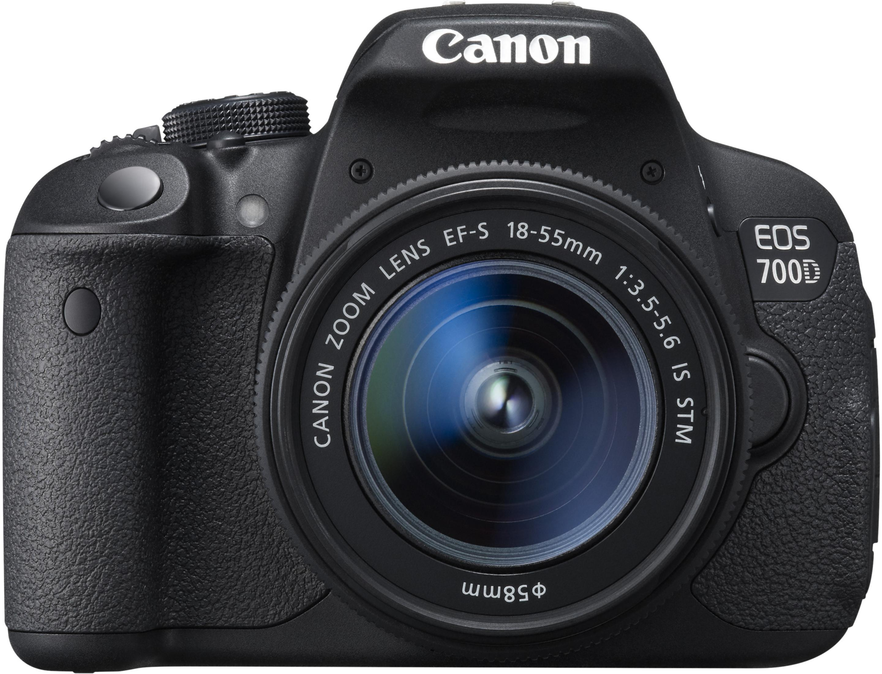 Eine schwarze Canon EOS 700D Kamera mit Objektiv. Das Objektiv ist mit Canon Zoom Lens beschriftet.