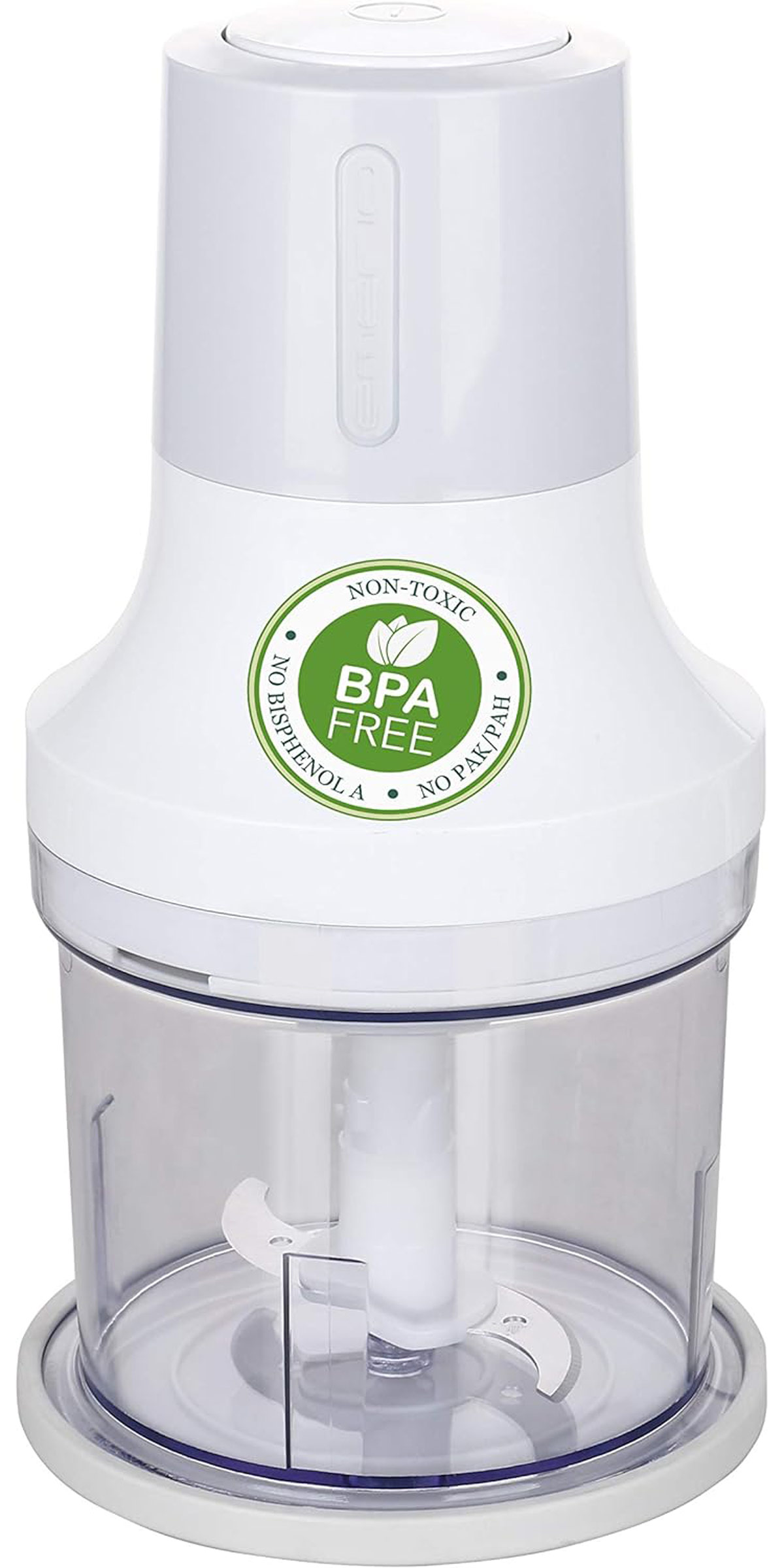 Tritatutto bianco con contenitore trasparente ed etichetta senza BPA.
