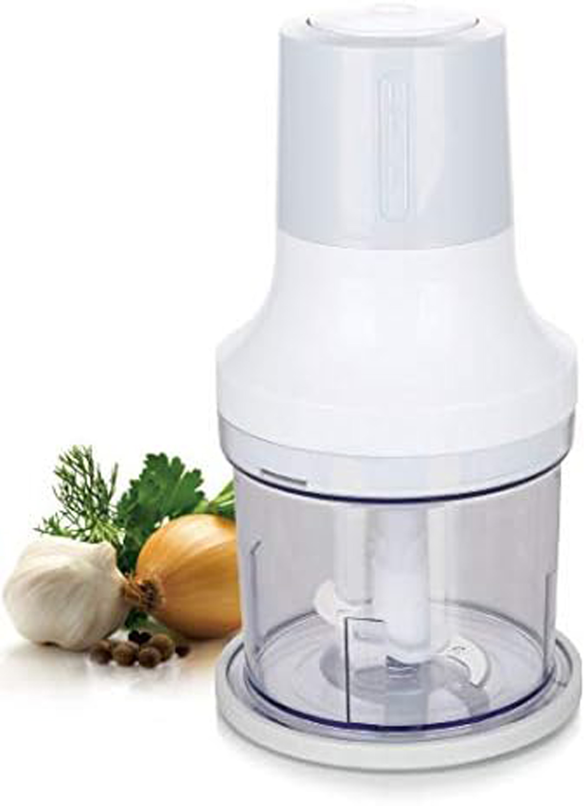 Robot da cucina bianco con ingredienti come aglio, cipolla ed erbe aromatiche.