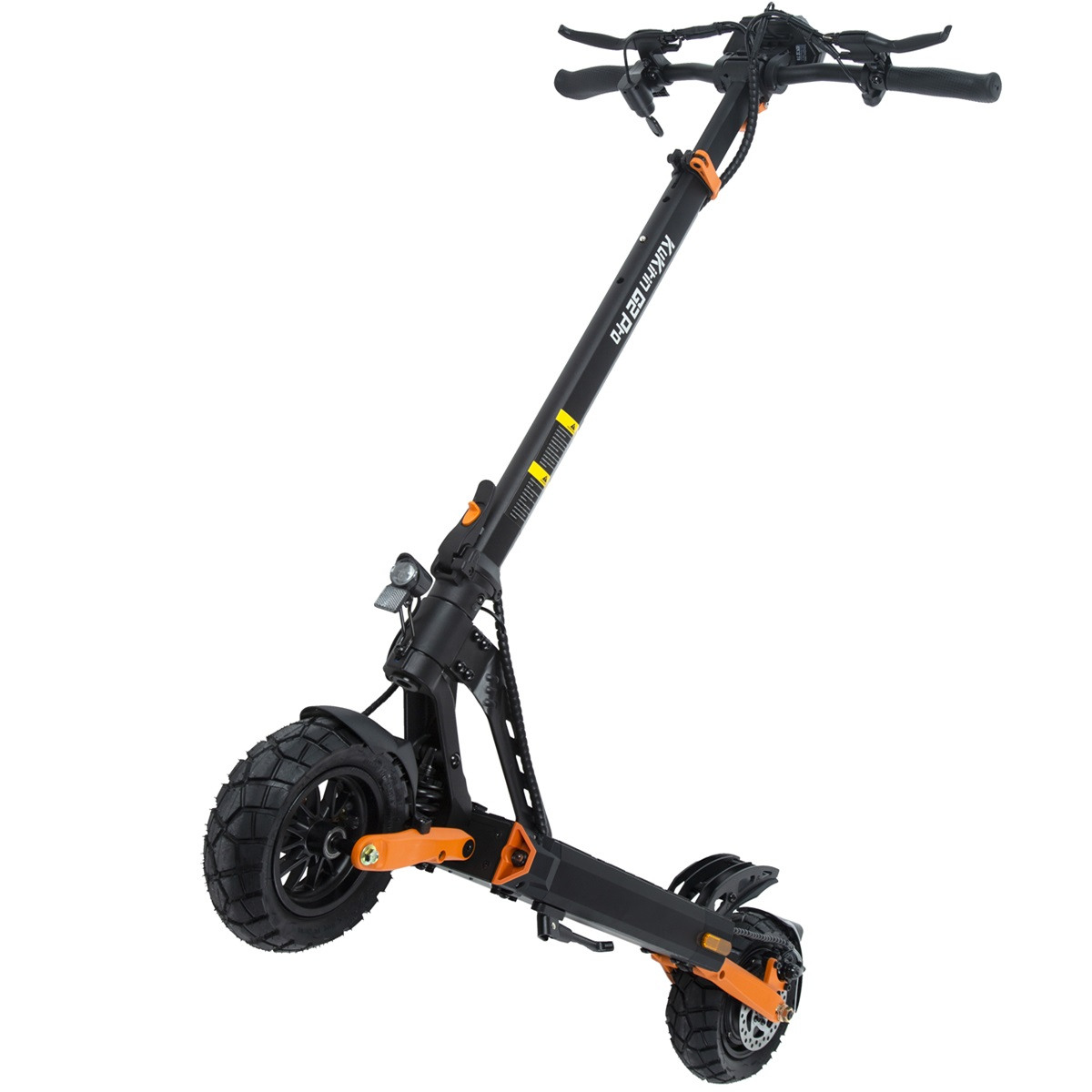 Scooter elettrico nero e arancione, vista angolata. Manubrio, ruote e meccanismo di piegatura visibili.