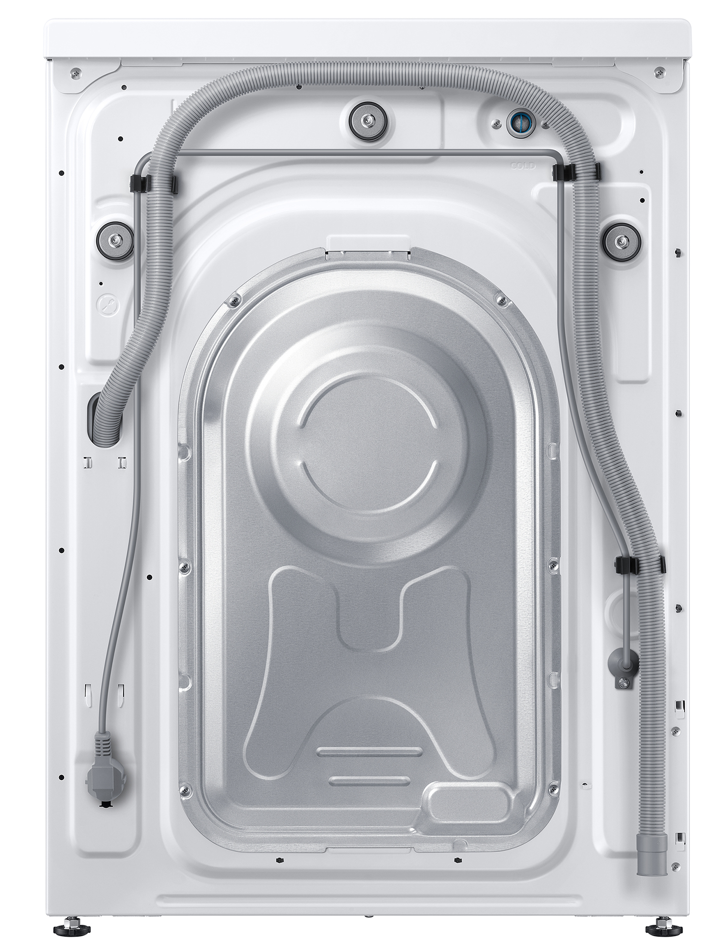 Achteraanzicht van een witte Samsung wasmachine, slangen en aansluitingen zichtbaar.