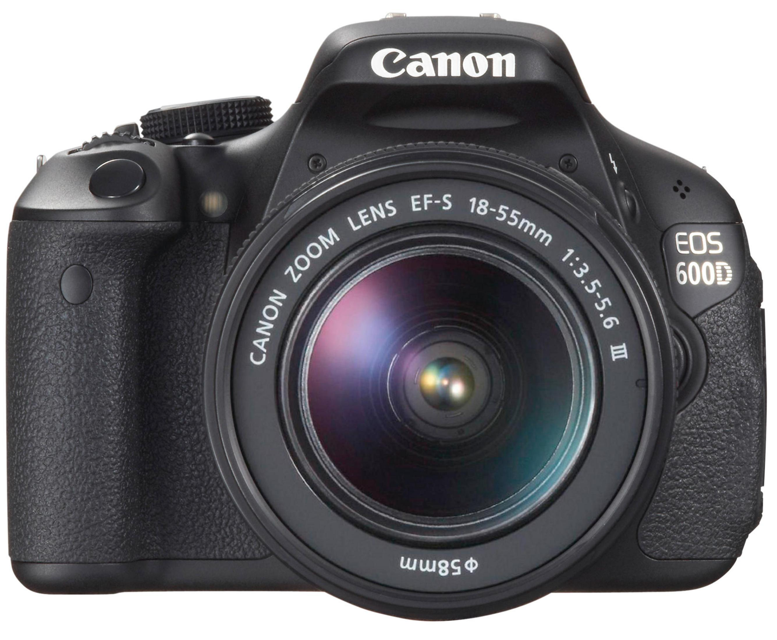 Schwarze Canon EOS 600D Kamera mit angesetztem Zoomobjektiv, das Objektiv und Kameragehäuse zeigt.