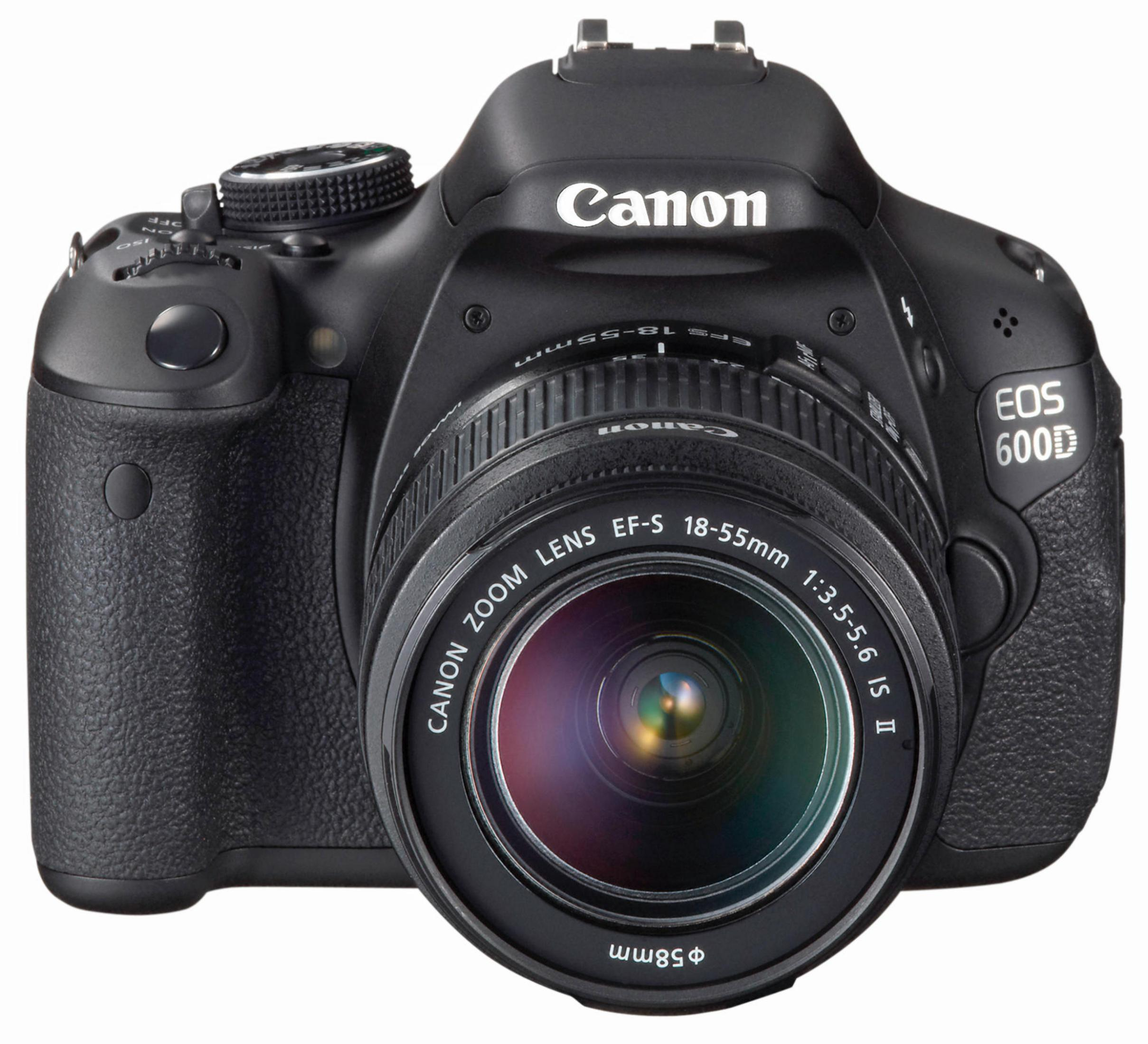 Eine schwarze Canon EOS 600D Kamera mit Zoomobjektiv, auf weißem Hintergrund.