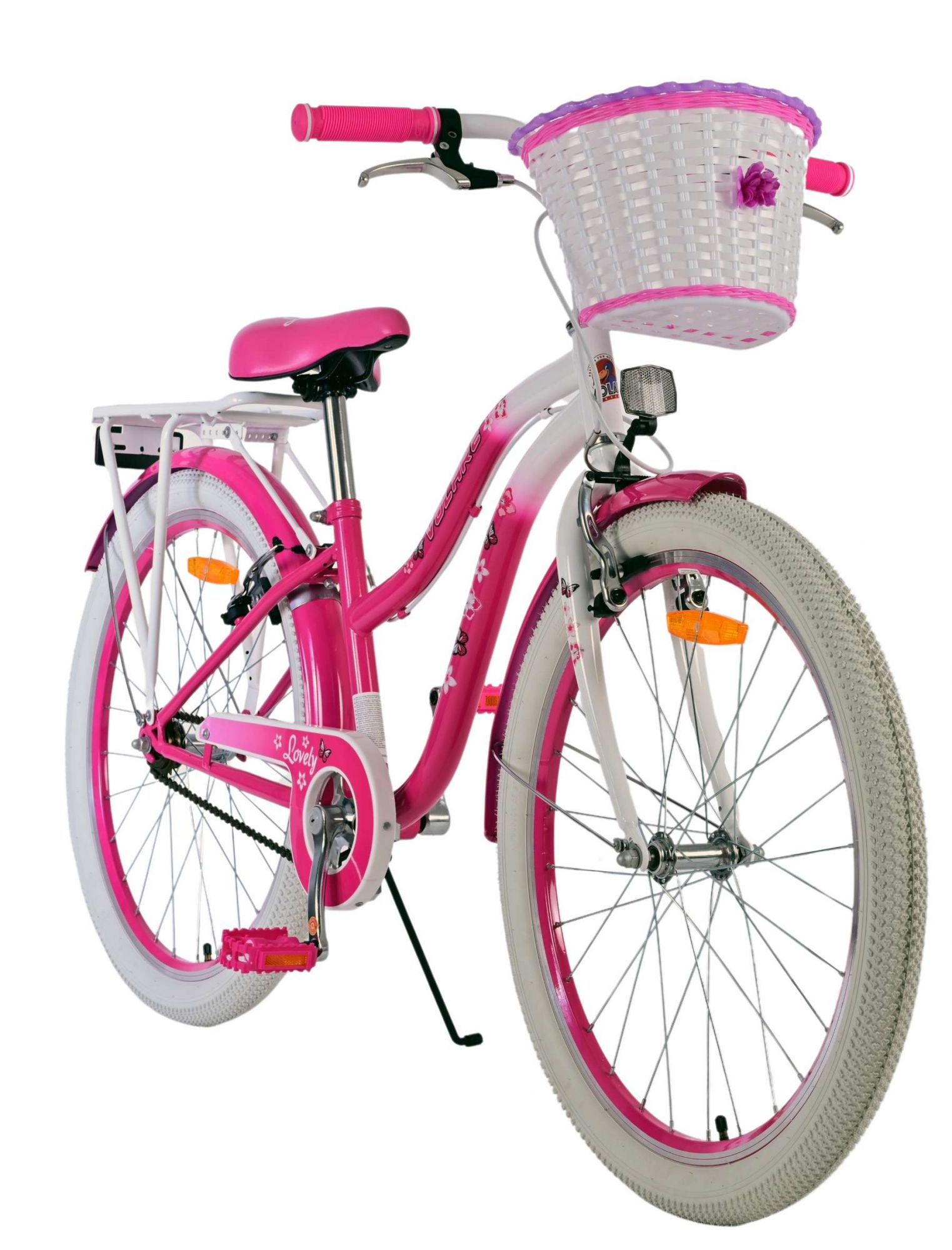 Ein rosa-weißes Fahrrad mit Korb und weißen Reifen, von der Seite betrachtet.