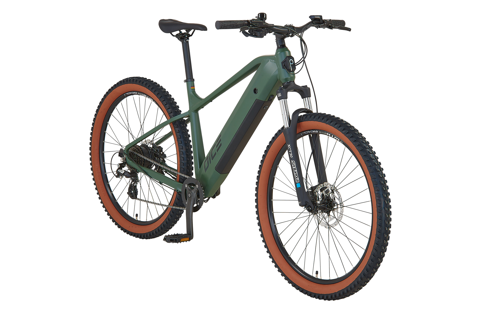 Ein grünes Mountainbike mit großen Reifen. Das Fahrrad steht auf weißem Hintergrund.