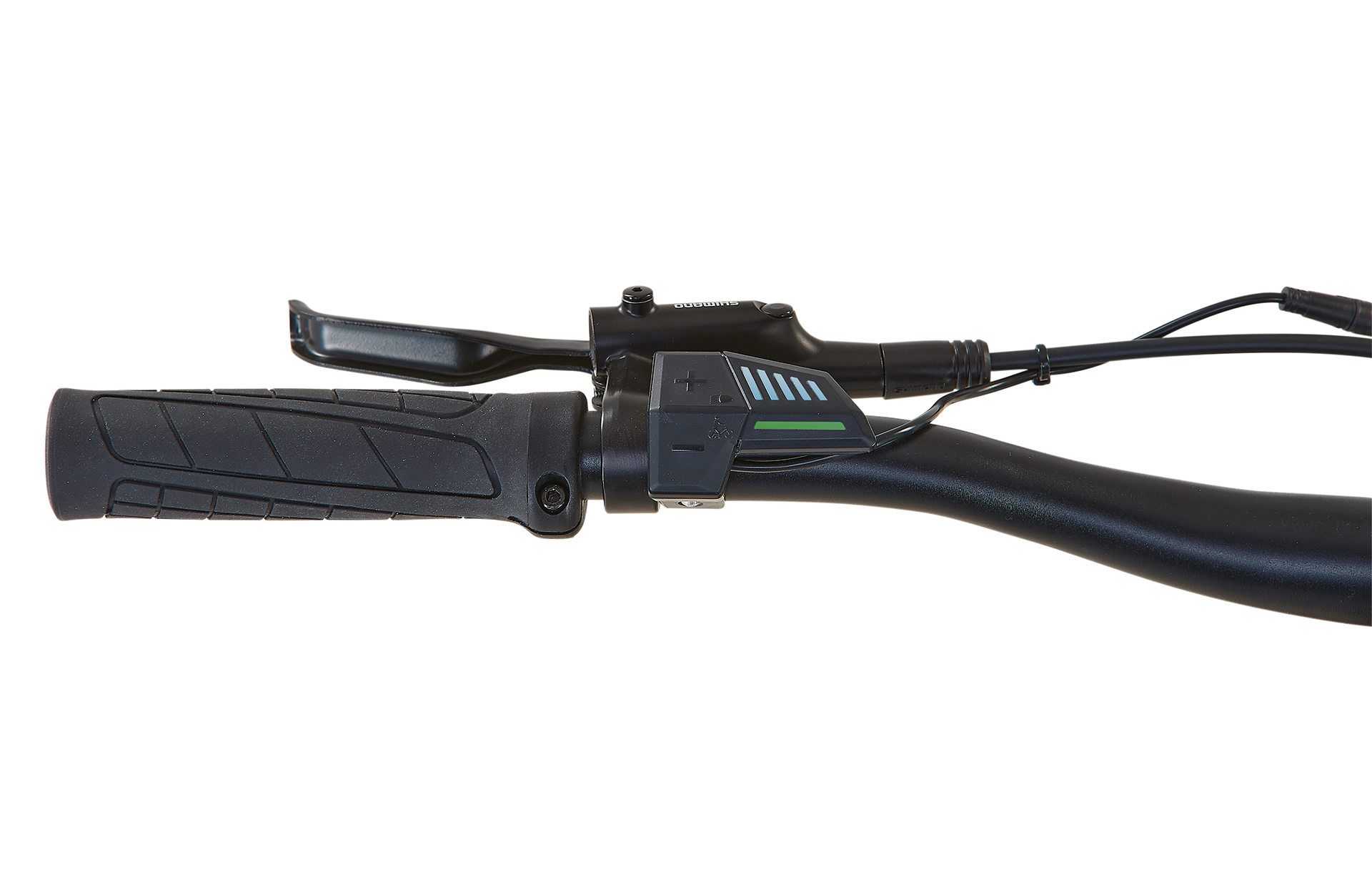 Fahrradlenker mit Bedienelementen. Schwarz mit grüner LED-Anzeige.