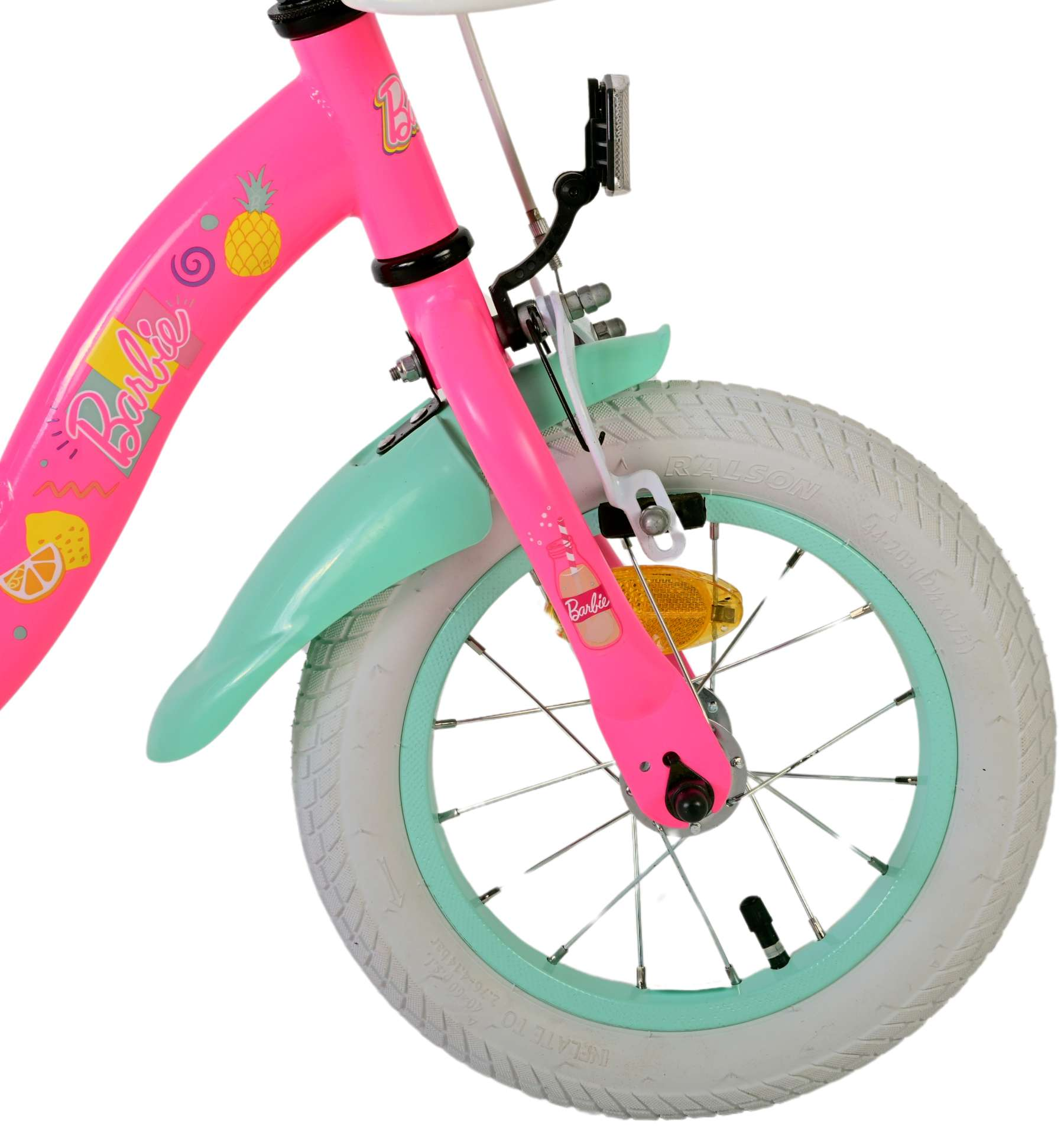 Rosa Barbie-Fahrrad mit weißem Reifen, mintgrünem Kotflügel und Barbie-Aufklebern.