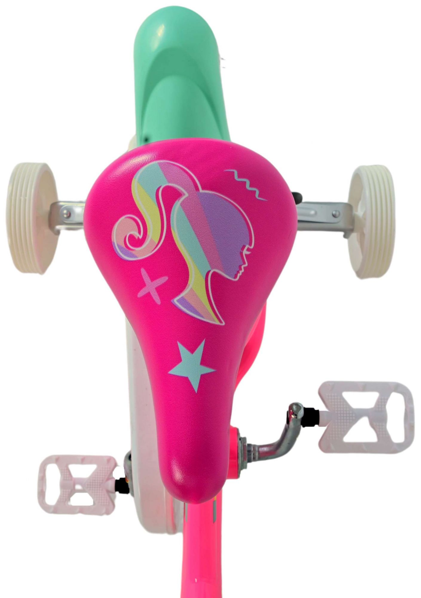 Rosa Barbie-Fahrradsitz mit Barbie-Silhouette und Stern, mit Stützrädern.