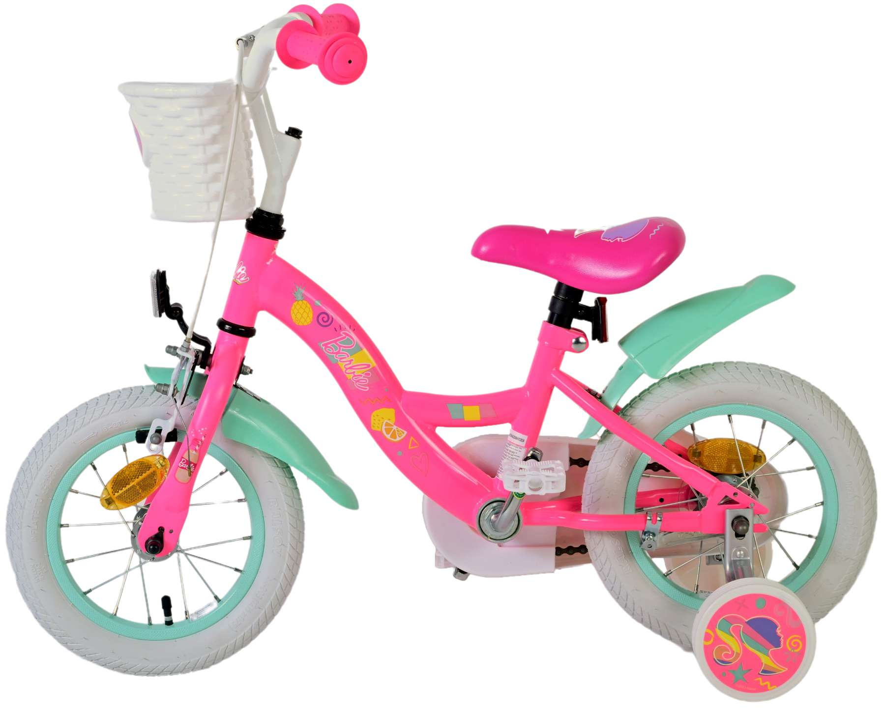 Ein pinkes Barbie-Fahrrad für Kinder mit einem weißen Korb, Stützrädern und einem pinken Sitz.