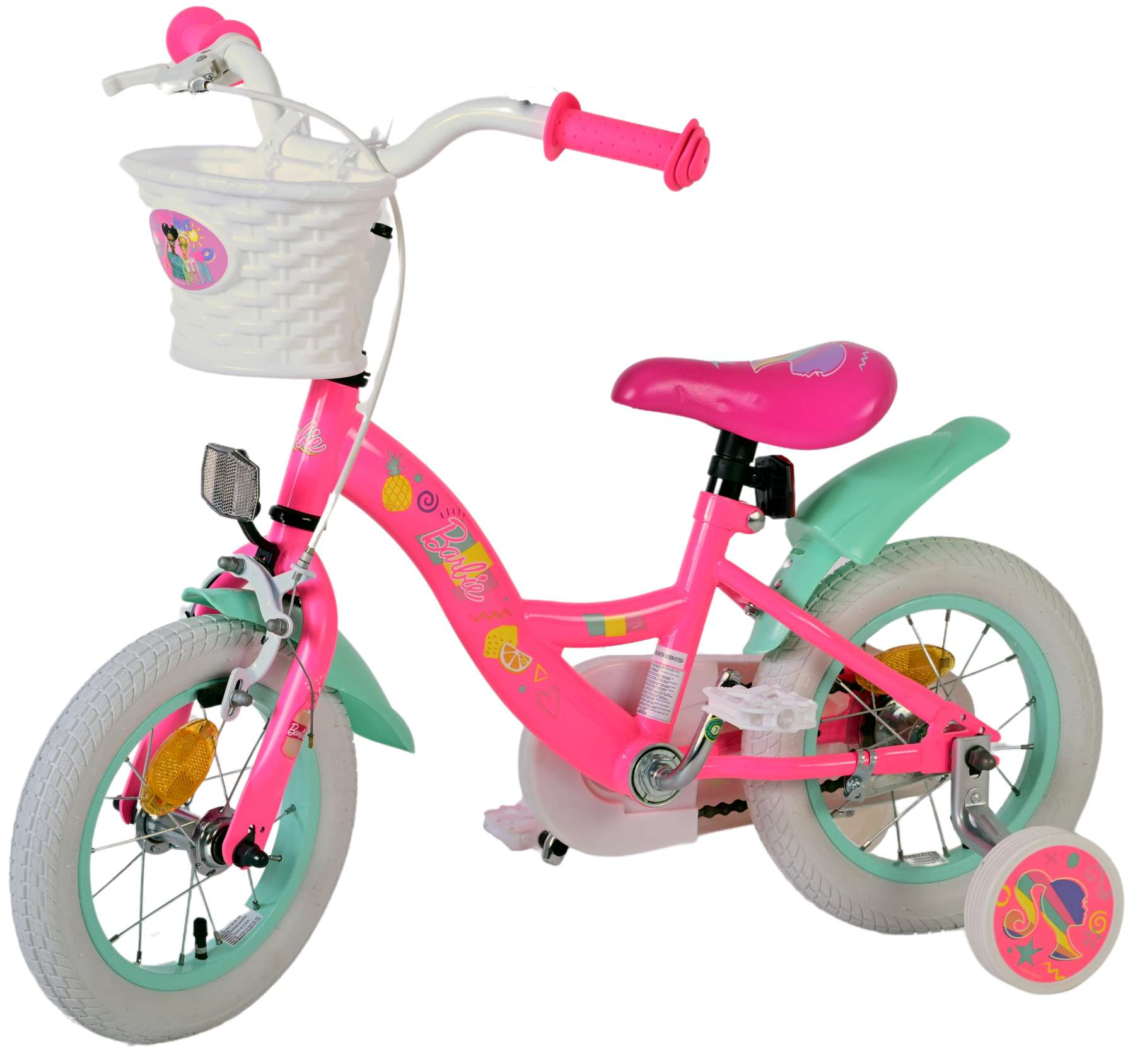 Ein pinkfarbenes Barbie-Fahrrad mit Stützrädern, einem Korb und einem pink-weißen Farbschema.