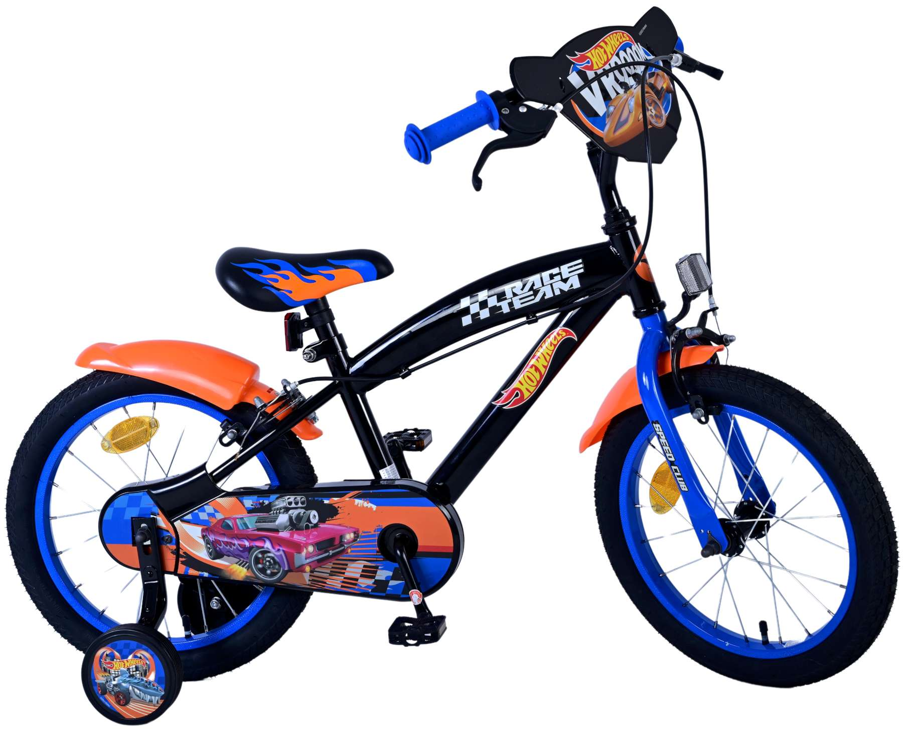 Hot Wheels Fahrrad, schwarzer Rahmen, blaue Details, orangefarbene Schutzbleche, Stützräder.