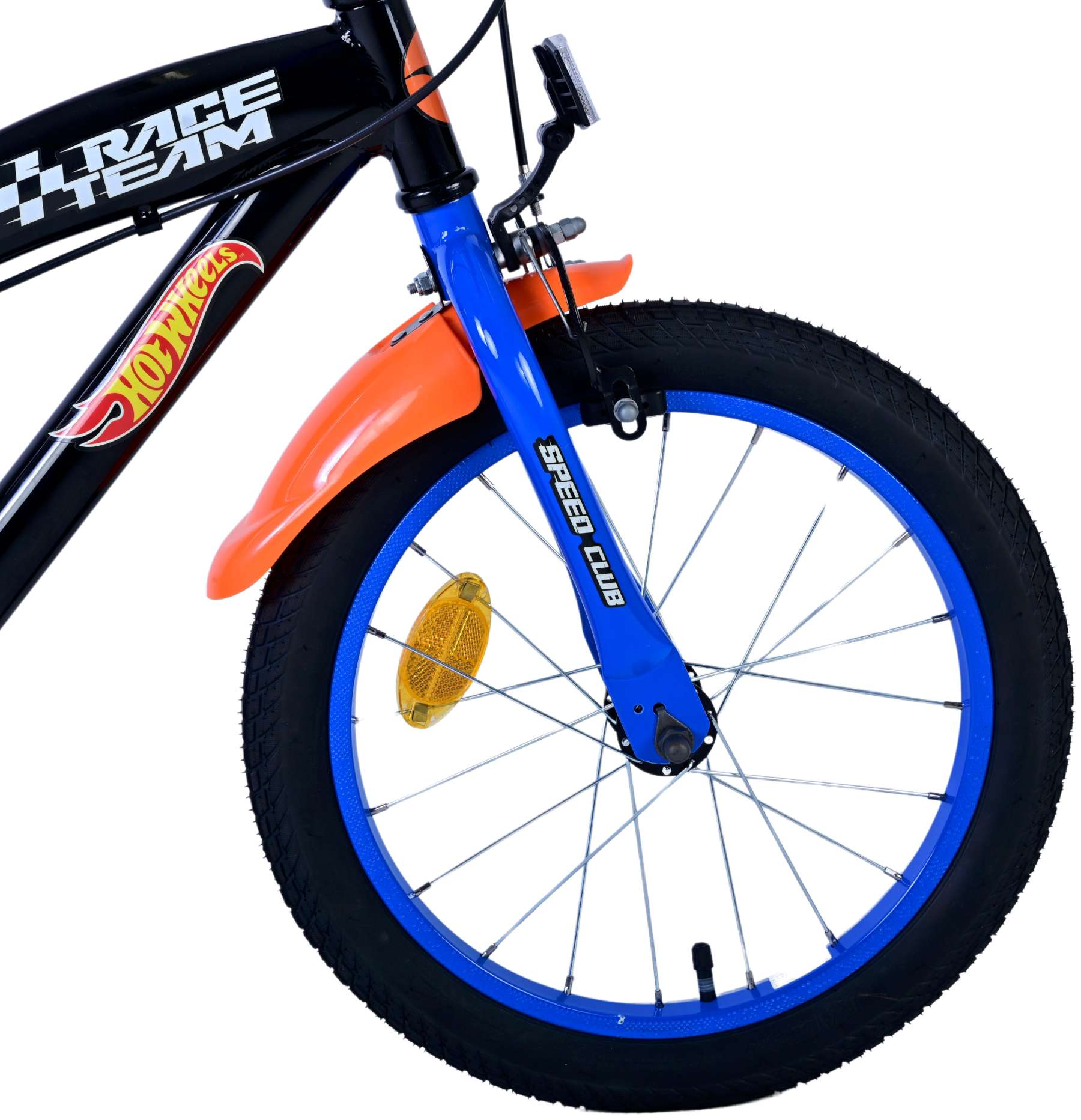 Hot Wheels-Fahrrad mit orangefarbenem Kotflügel, blauem Rad und schwarzem Reifen.