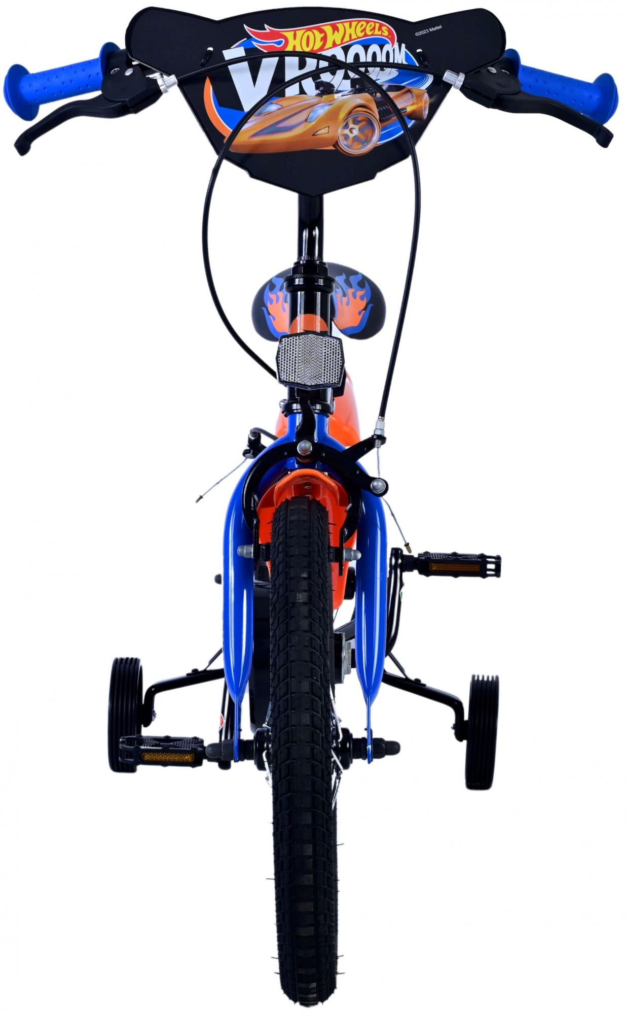 Vorderansicht eines Hot Wheels Kinderfahrrads mit Stützrädern, blaues und oranges Farbschema.