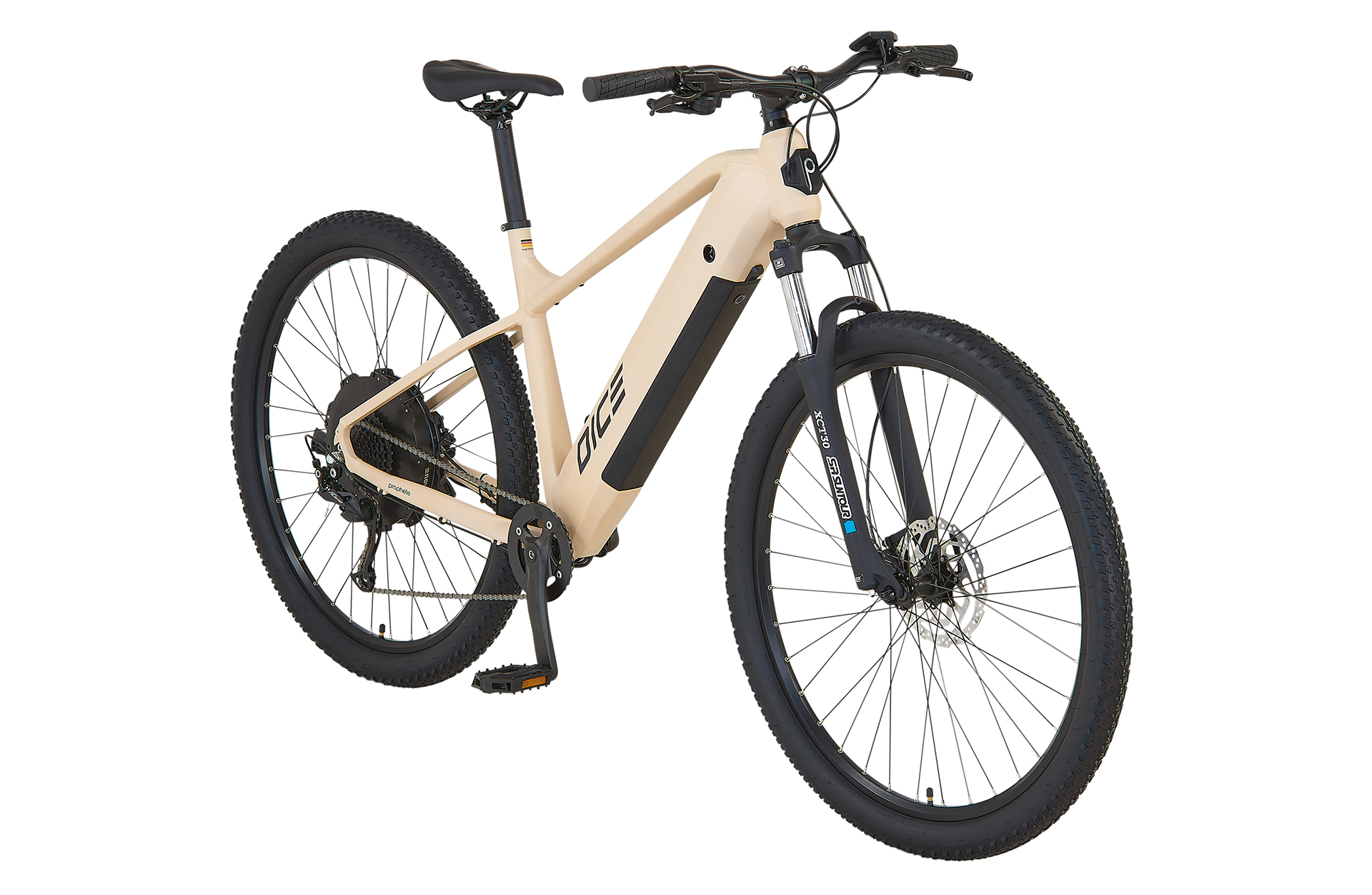 Beiges Elektrofahrrad, sichtbare Rahmen- und Reifendetails, auf weißem Hintergrund.