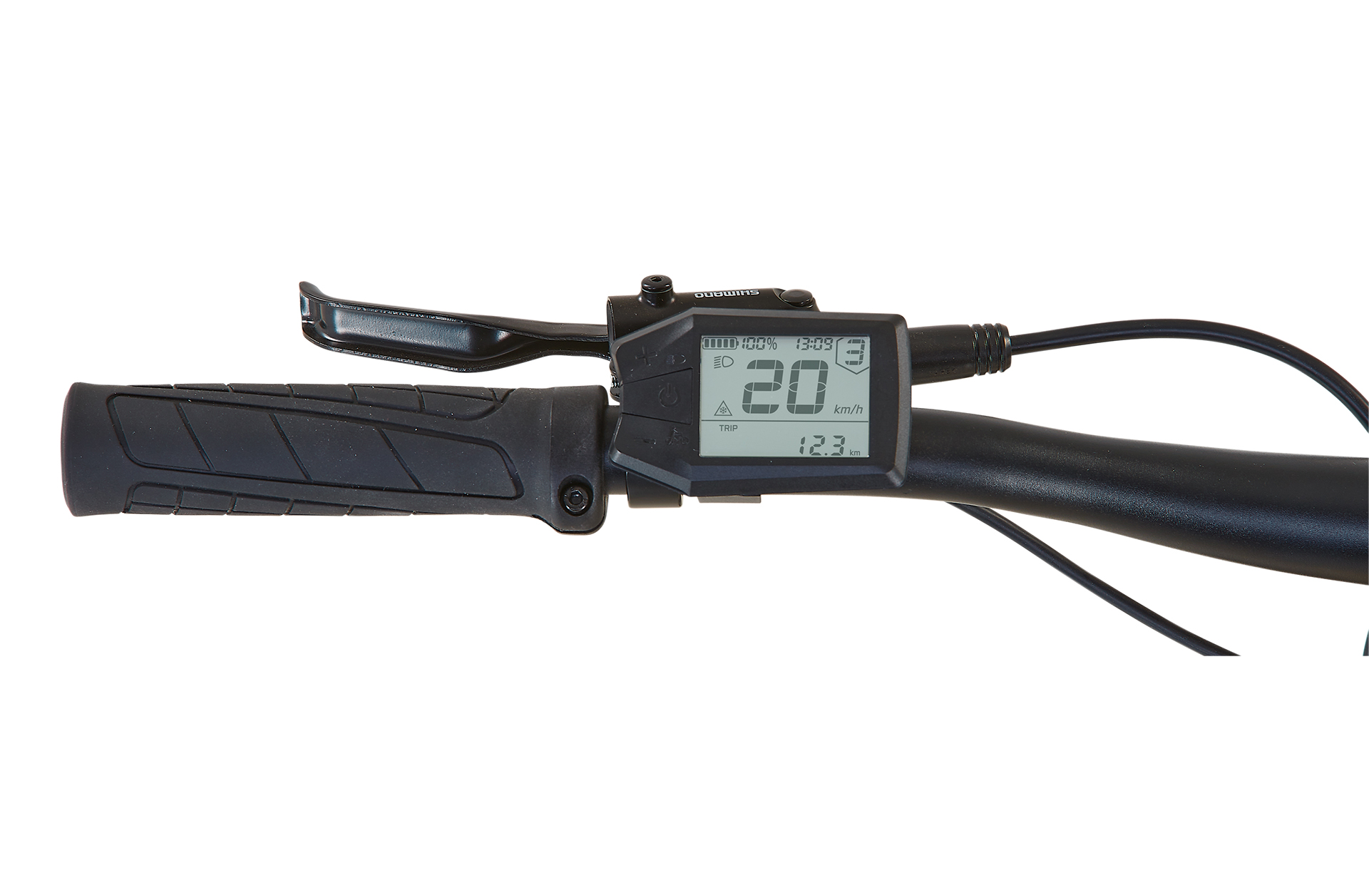 Fahrradlenker mit Digitalanzeige, die Geschwindigkeit, Zeit und Akkustand anzeigt.