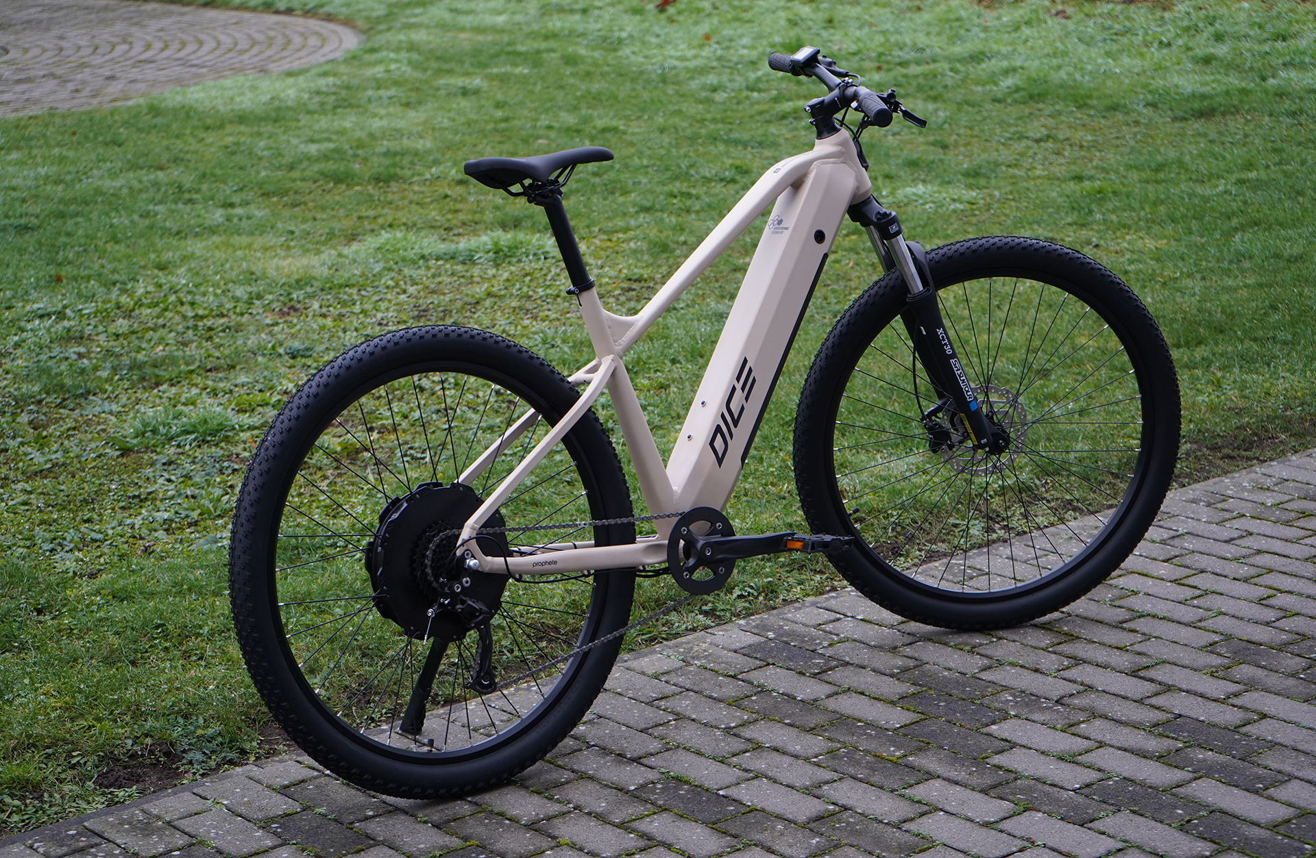 Beiges Elektrofahrrad auf einem gepflasterten Weg, grüner Gras-Hintergrund.