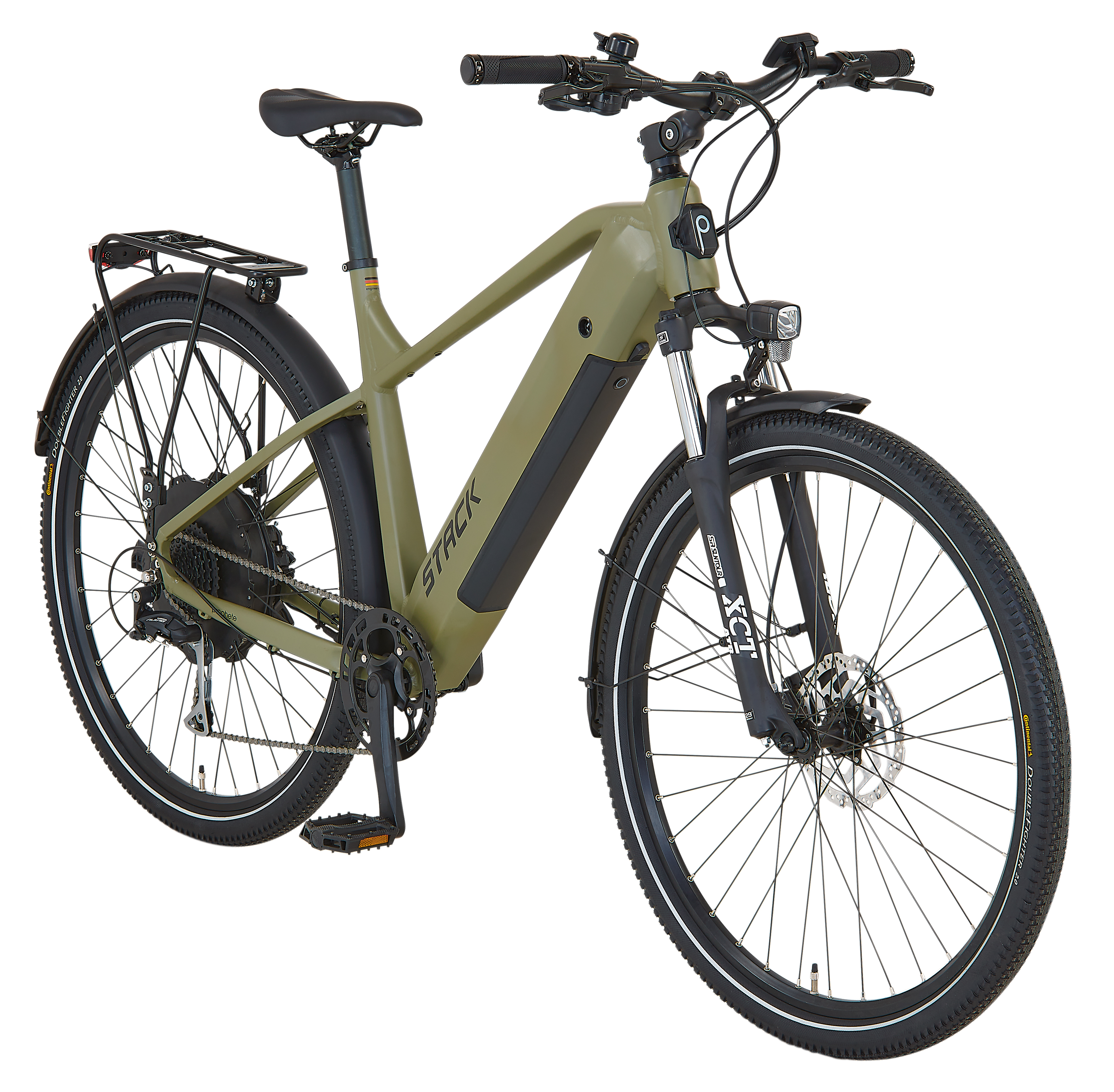 Ein olivgrünes Elektrofahrrad mit schwarzen Reifen und Komponenten. Es befindet sich auf weißem Hintergrund.