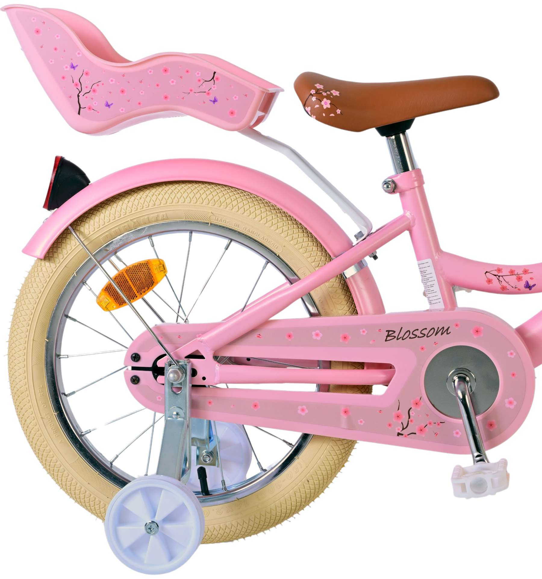Rosa Fahrrad Details: Rad, Sitz und Stützräder. Rosa Blumenmuster.