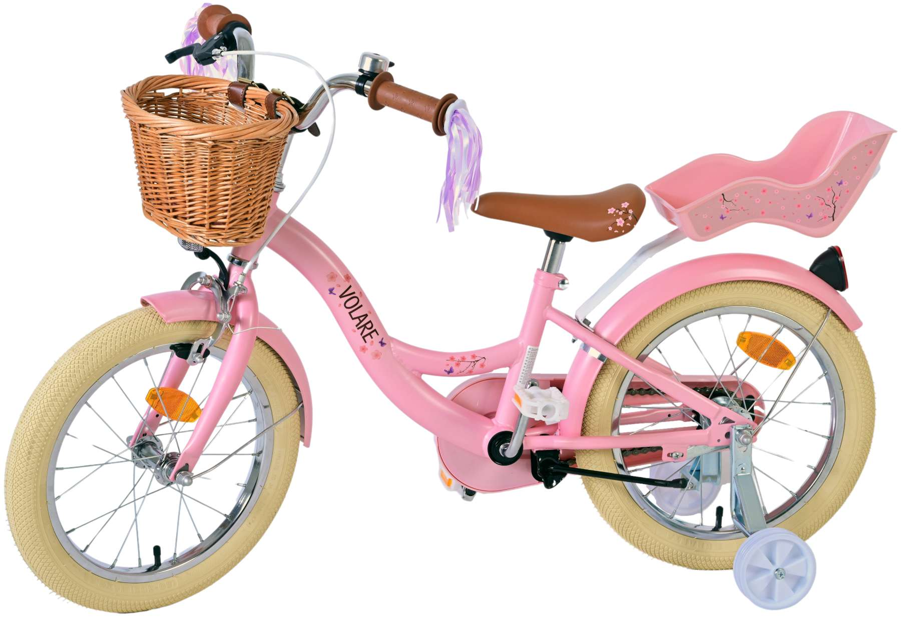 Rosa Kinderfahrrad mit Korb und Stützrädern.