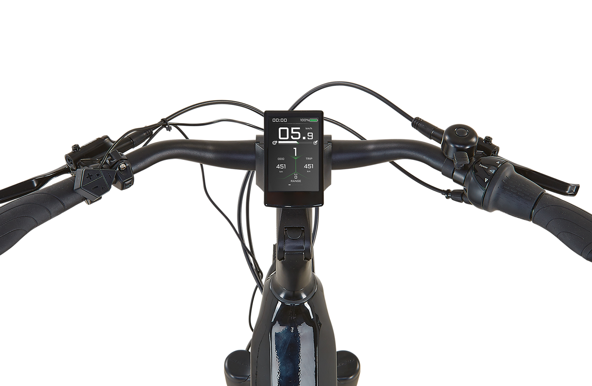 Fahrradlenker mit integriertem Display, das Geschwindigkeit und Fahrtdaten anzeigt. Schwarz und weiß.