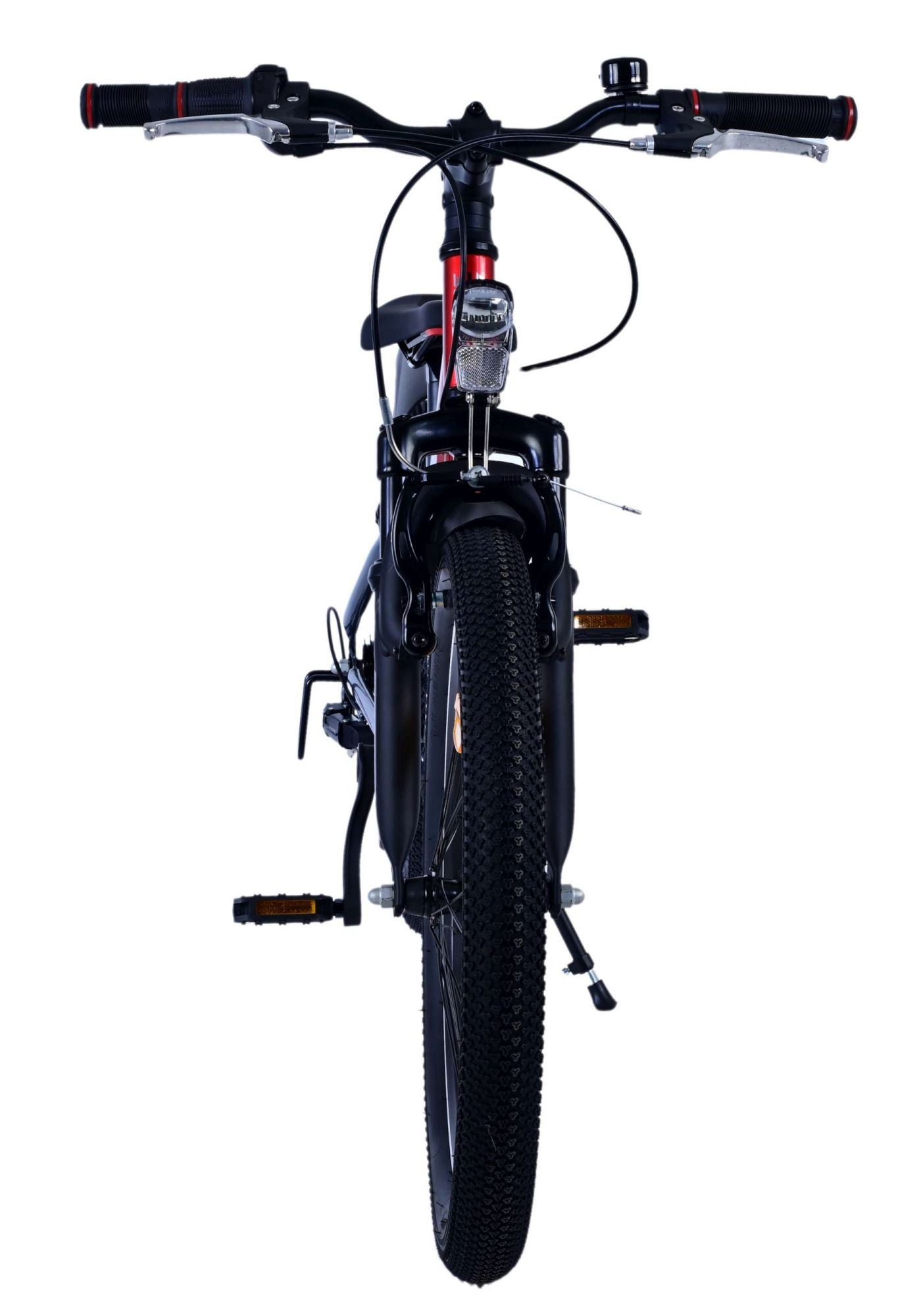 Schwarzes Fahrrad von vorne gesehen, mit schwarzen Reifen, Lenker und rotem Licht, auf weißem Hintergrund.