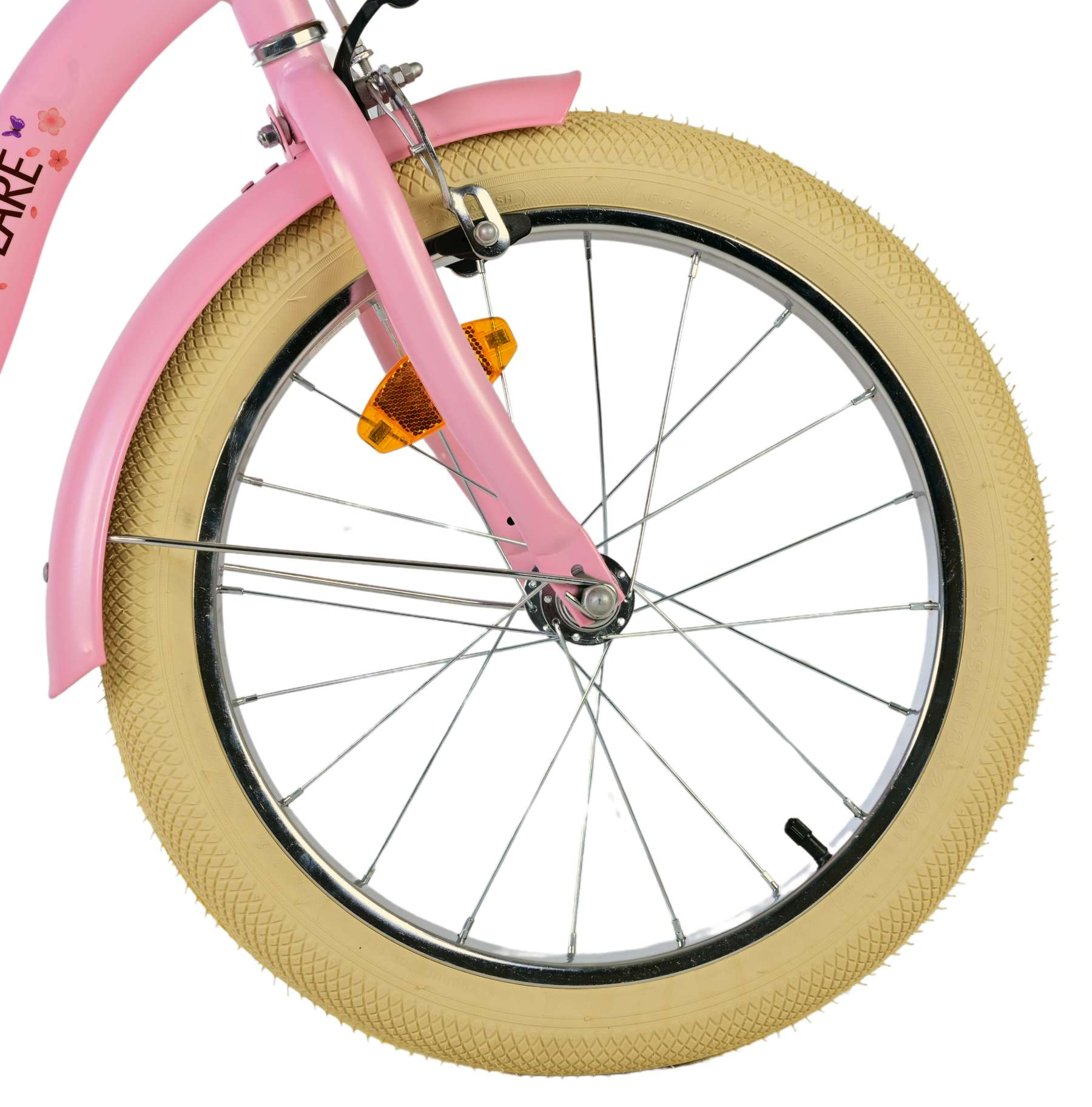 Rosa Fahrradrad. Rosa Rahmen und Kotflügel. Beiger Reifen. Helles, isoliertes Bild.