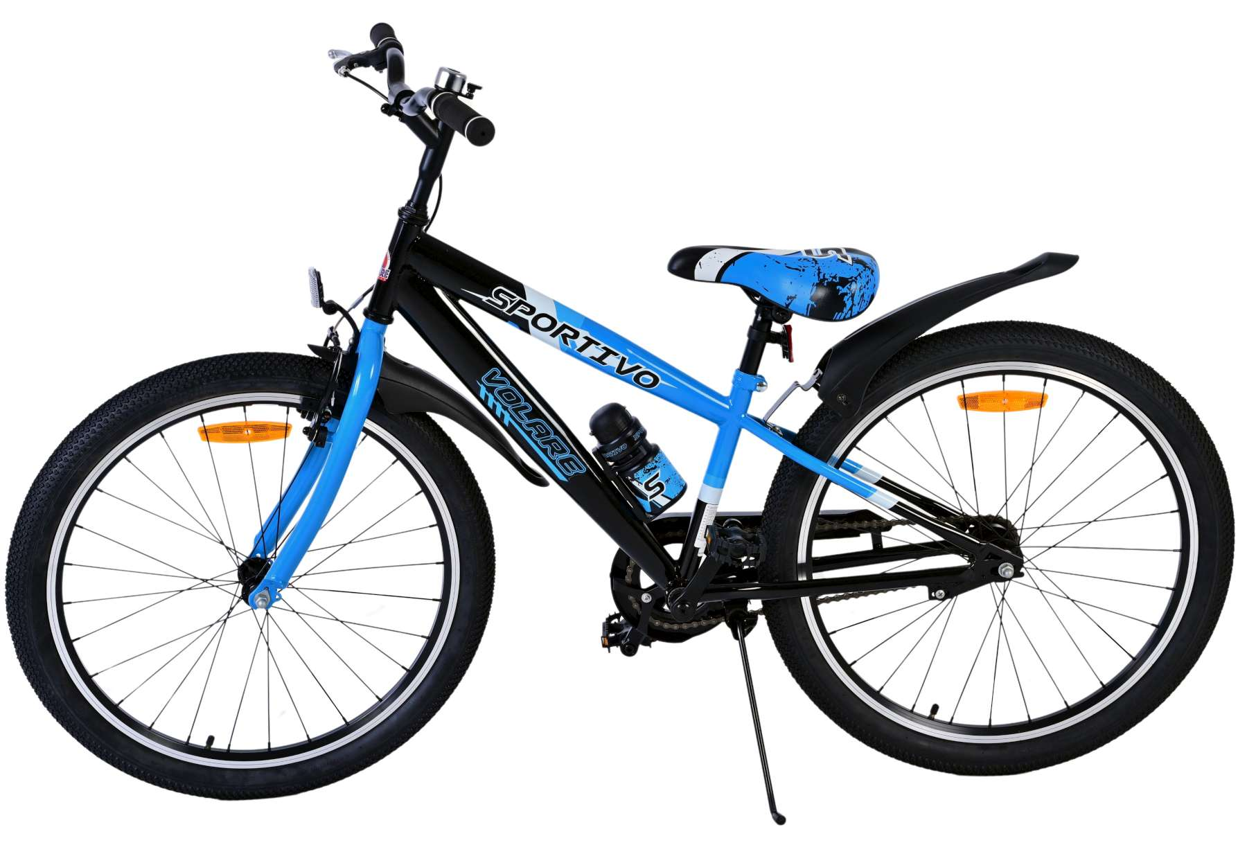 Schwarz-blaues Sportivo Volare Fahrrad mit Trinkflasche und Reifen.