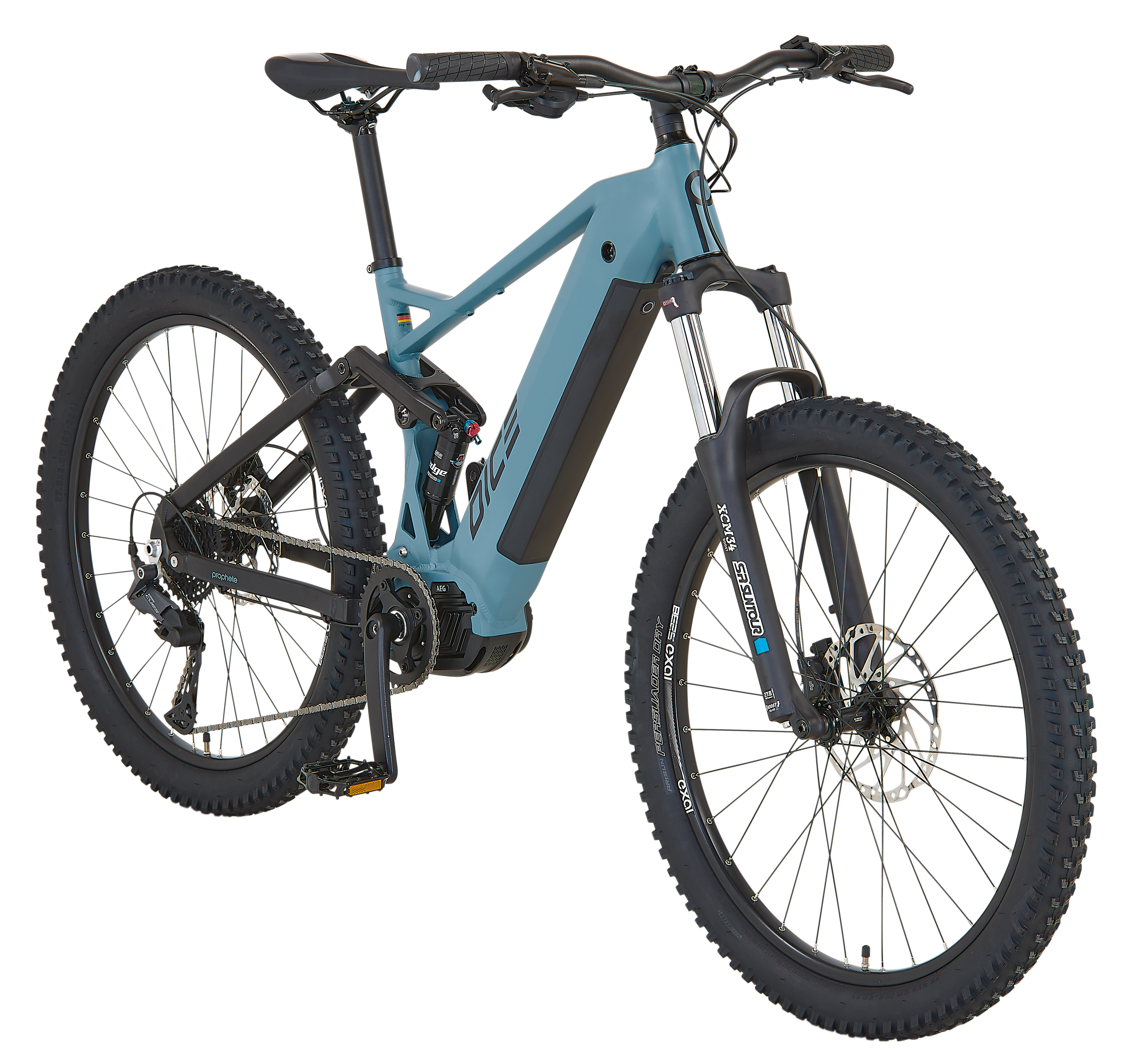 Blaues Mountainbike mit schwarzen Reifen. Das Fahrrad hat einen Akku und Federung.