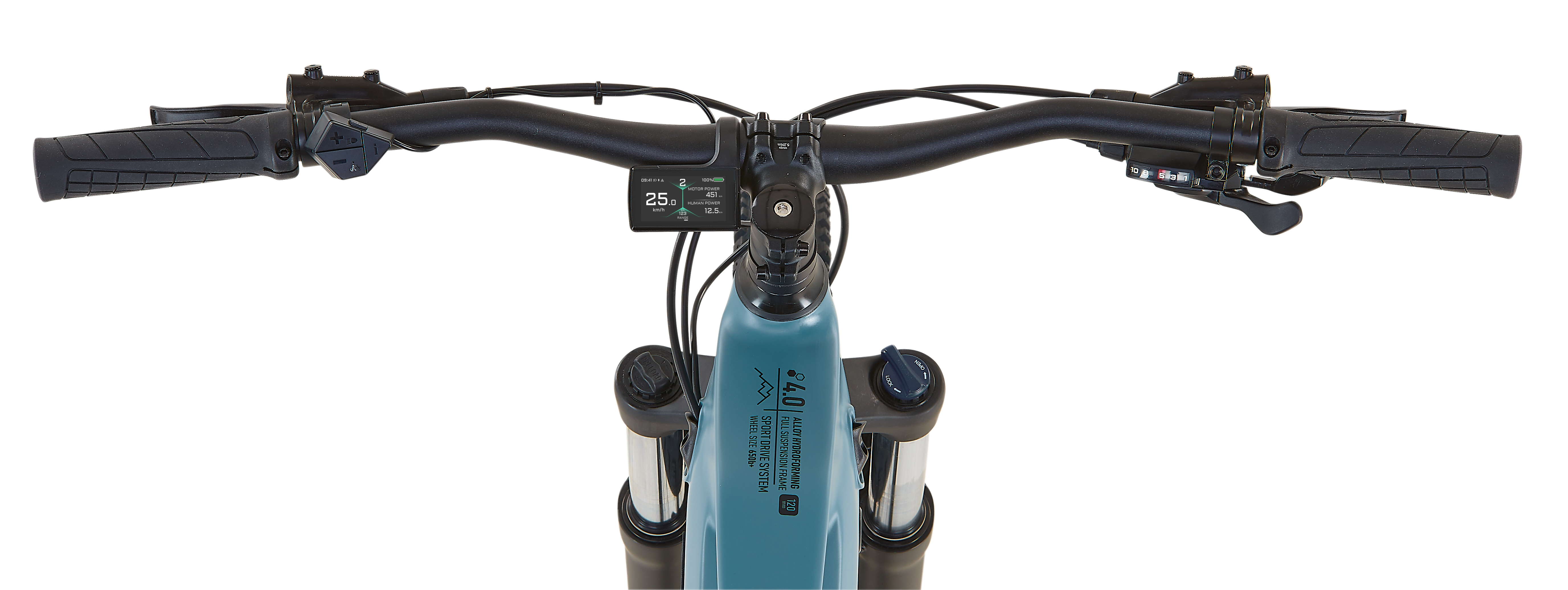 Ein Fahrradlenker, Draufsicht. Das Fahrrad ist blau und der Hintergrund ist weiß.