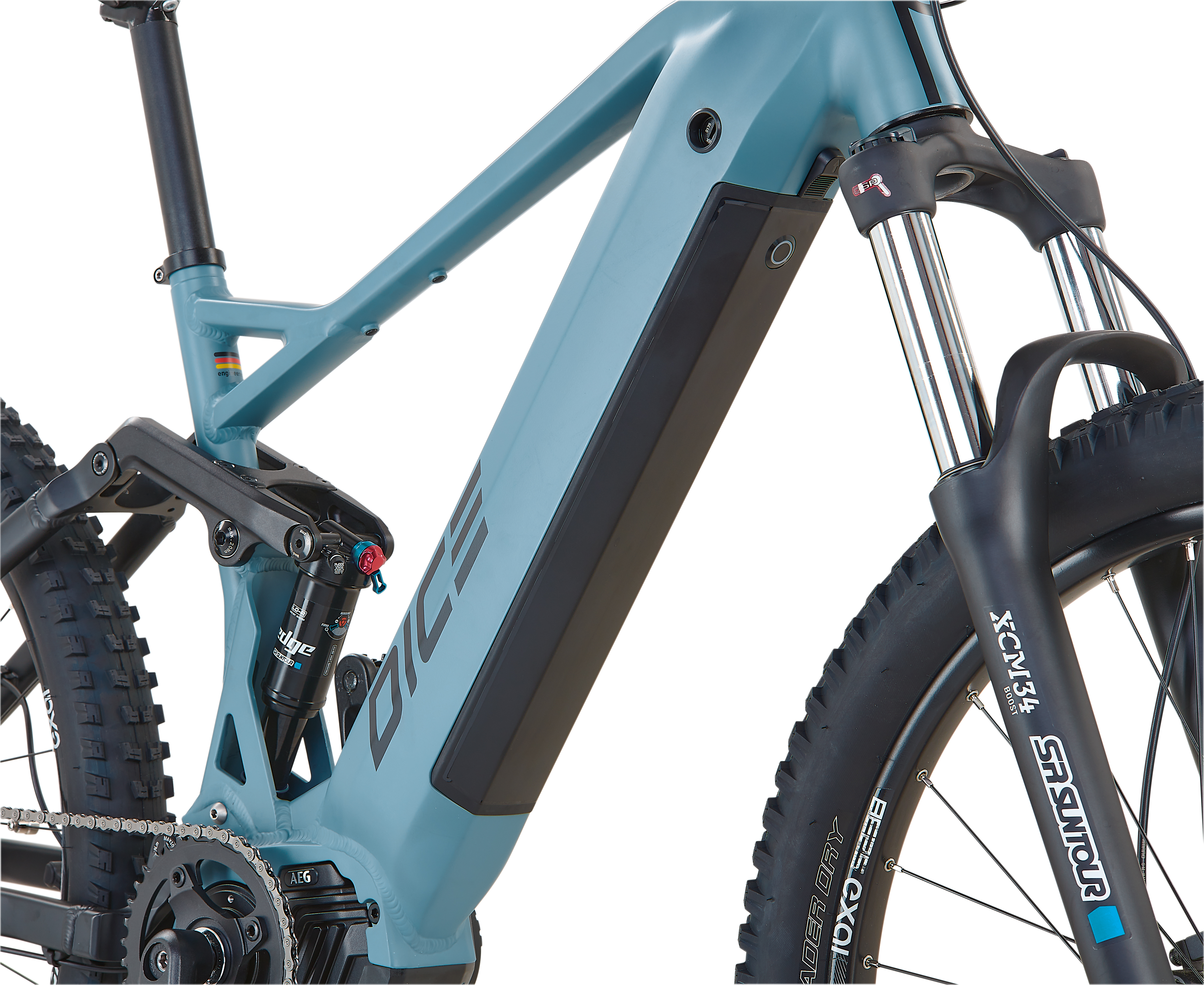 Blauer und schwarzer Rahmen eines elektrischen Mountainbikes mit Akku.