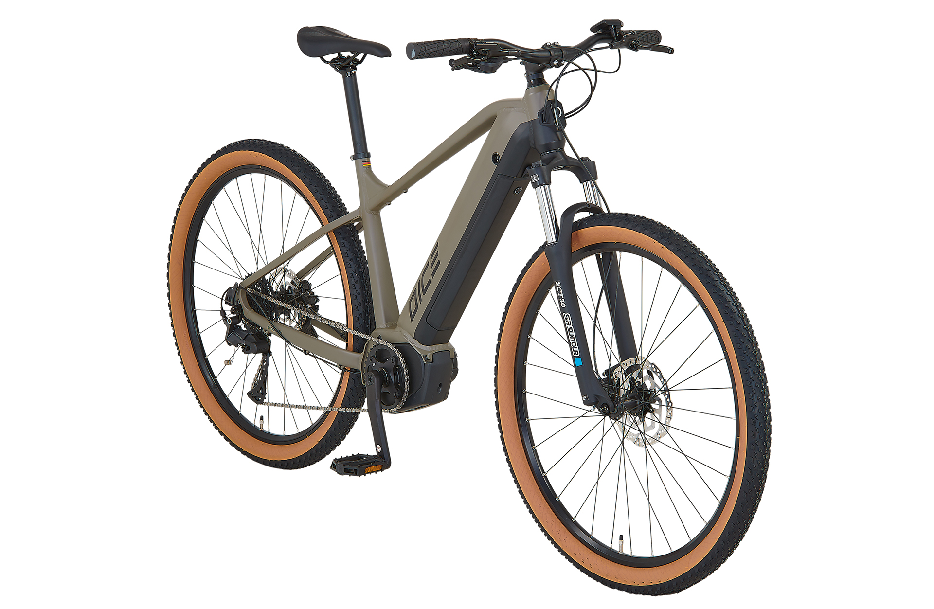 Ein modernes graues Mountainbike mit beigen Reifen und einem schwarzen Rahmen. Weißer Hintergrund.
