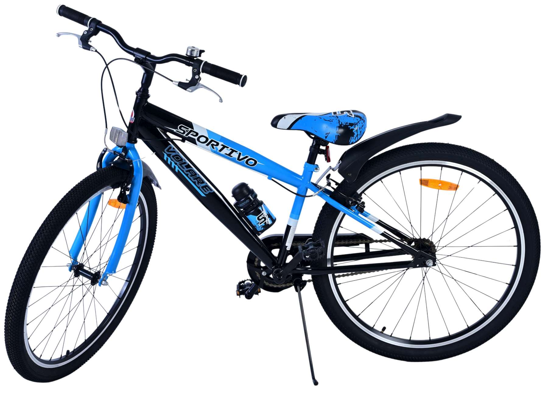 Ein blaues und schwarzes Sportivo-Fahrrad mit blauem Sitz und Trinkflaschenhalter.