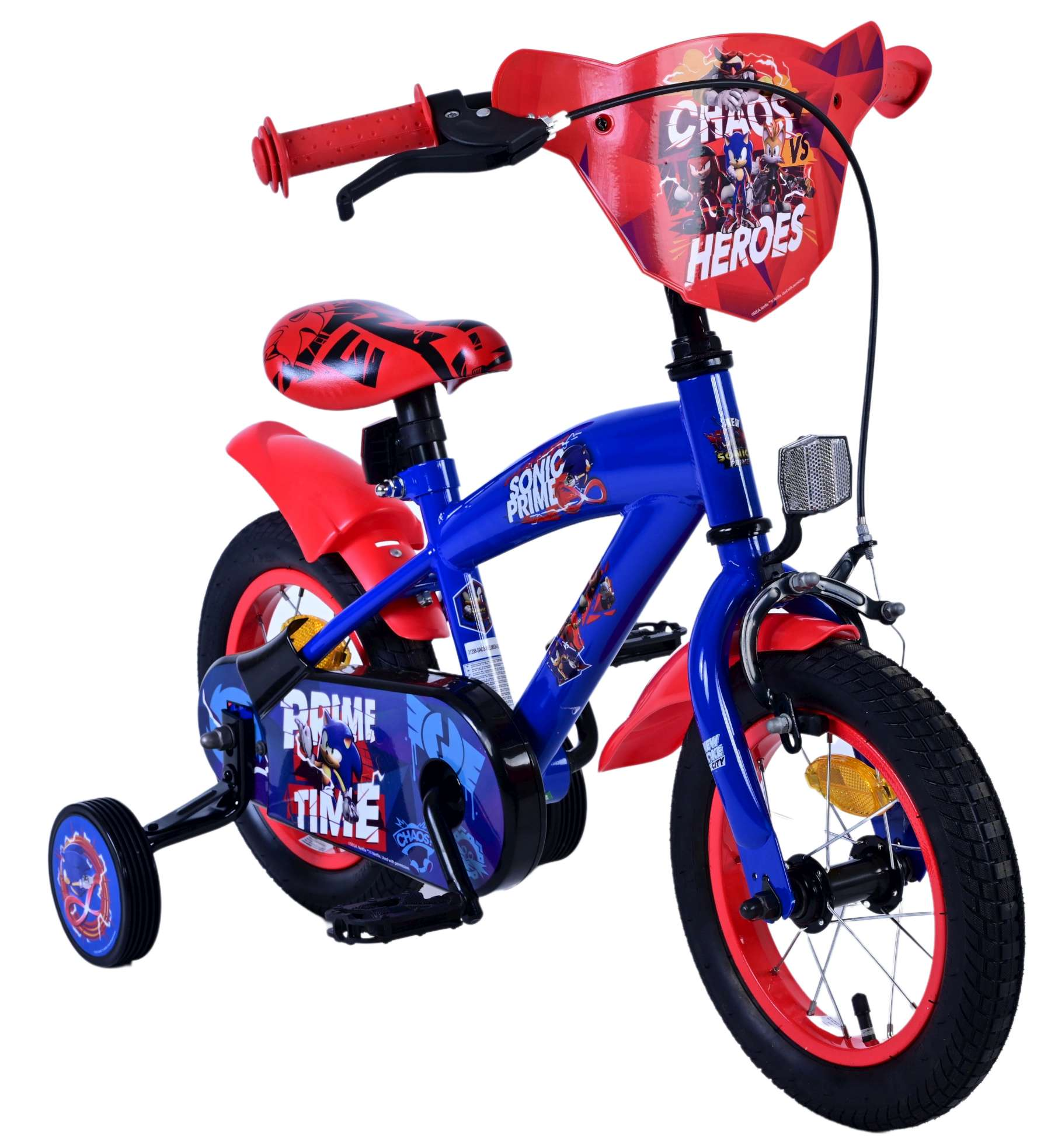 Ein blaues Sonic Prime-Fahrrad mit Stützrädern, roten Akzenten und einem Lenkerschild.