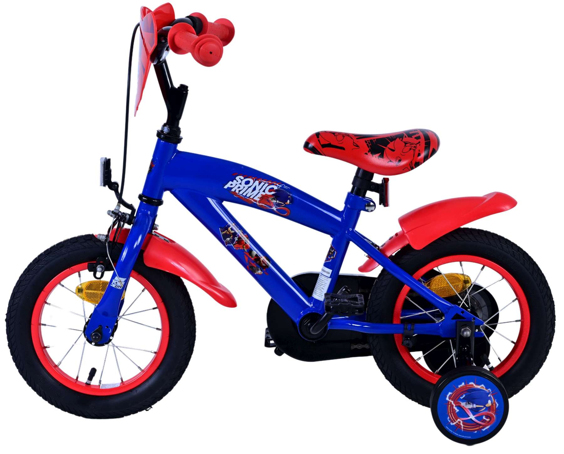 Ein blaues Kinderfahrrad mit roten Akzenten. Es gibt Sonic the Hedgehog-Bilder darauf.
