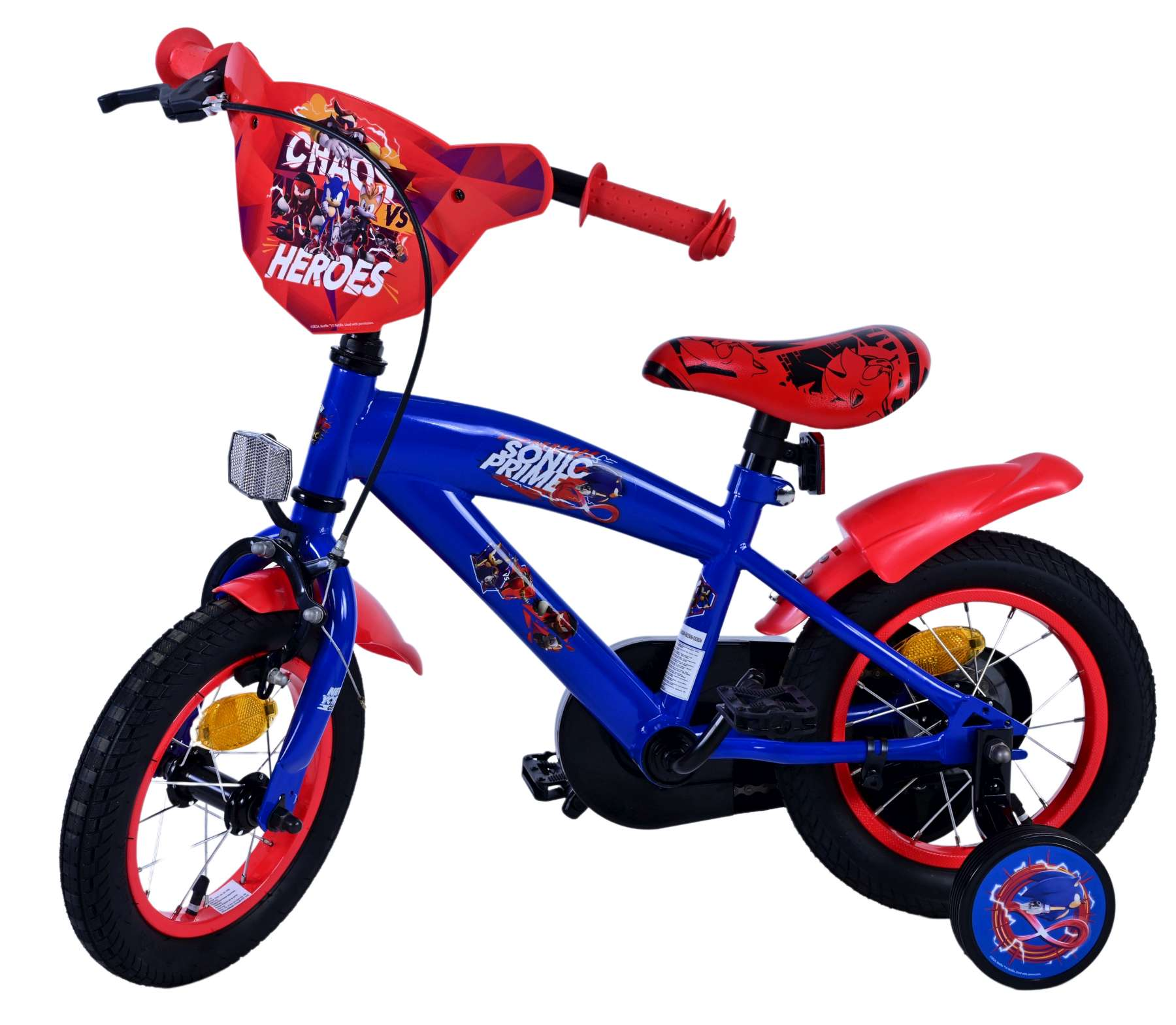 Blaues und rotes Sonic Prime Fahrrad. Text: Sonic Prime, Chaotic vs Heroes.