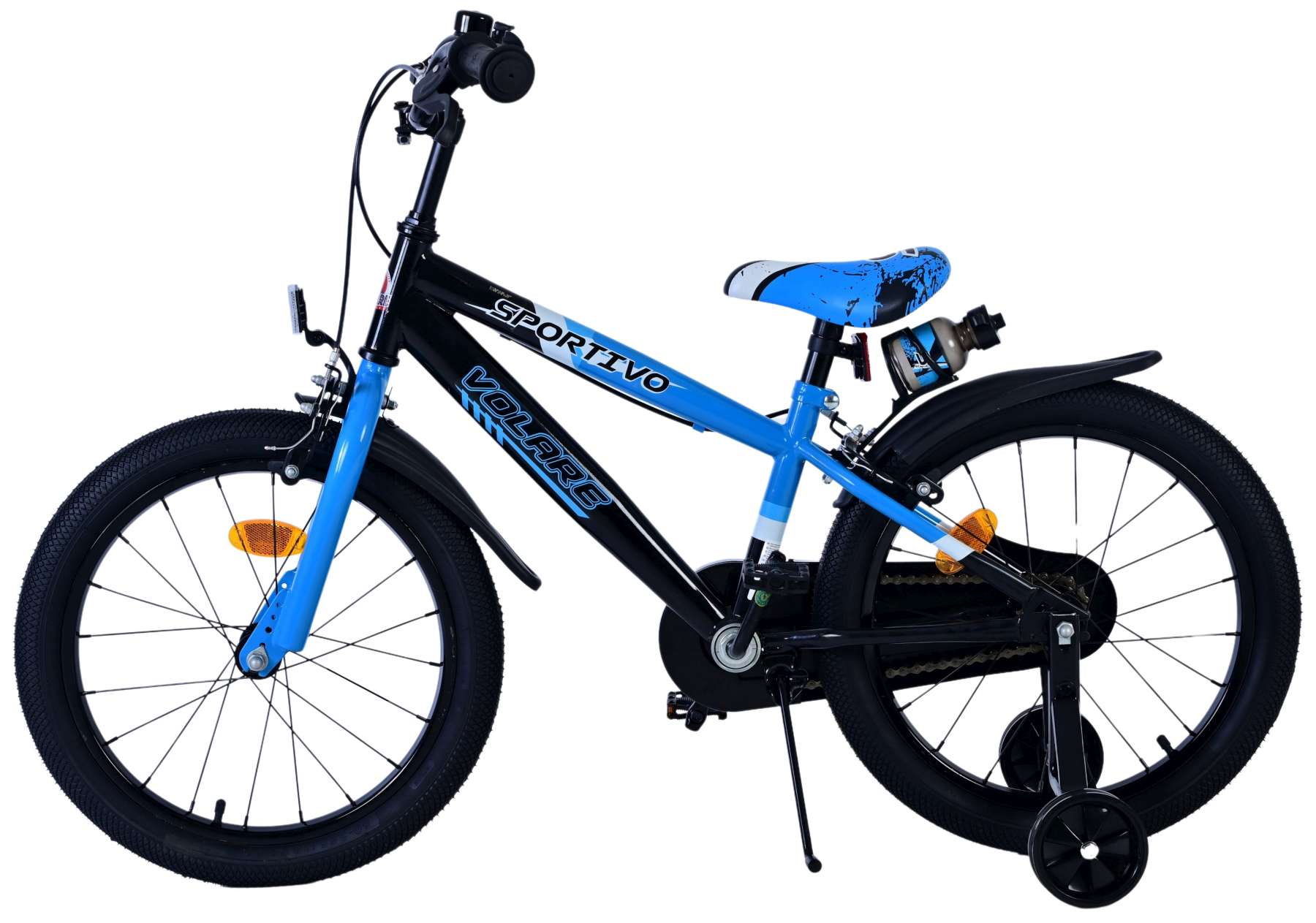 Blaues und schwarzes Fahrrad mit Stützrädern. Es hat das Wort SPORTIVO auf dem Rahmen.