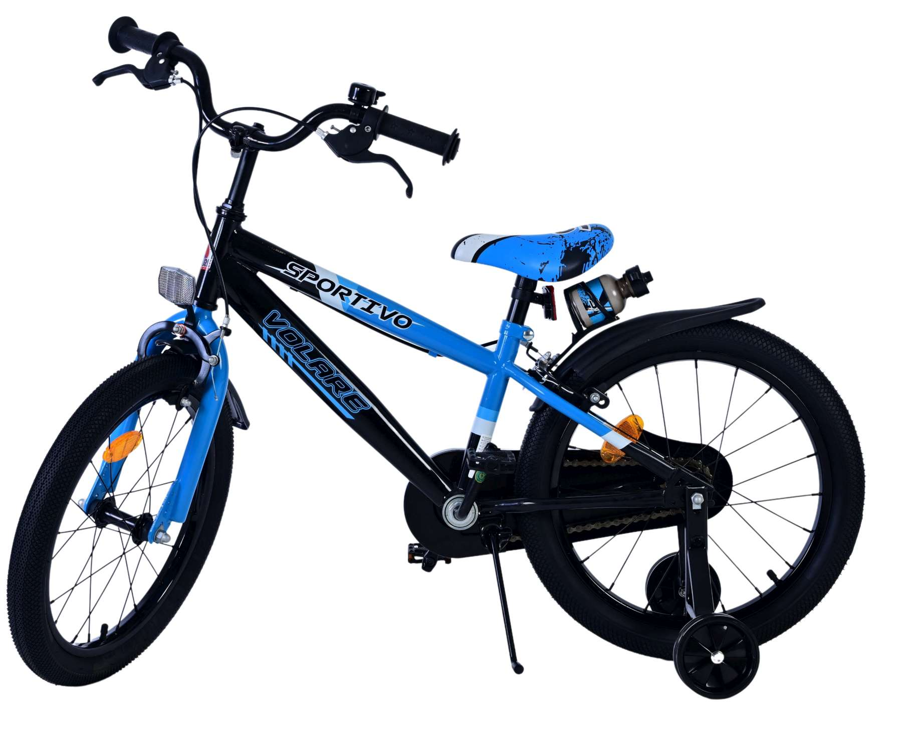 Blaues und schwarzes Kinderfahrrad mit Stützrädern und dem Wort "SPORTIVO".