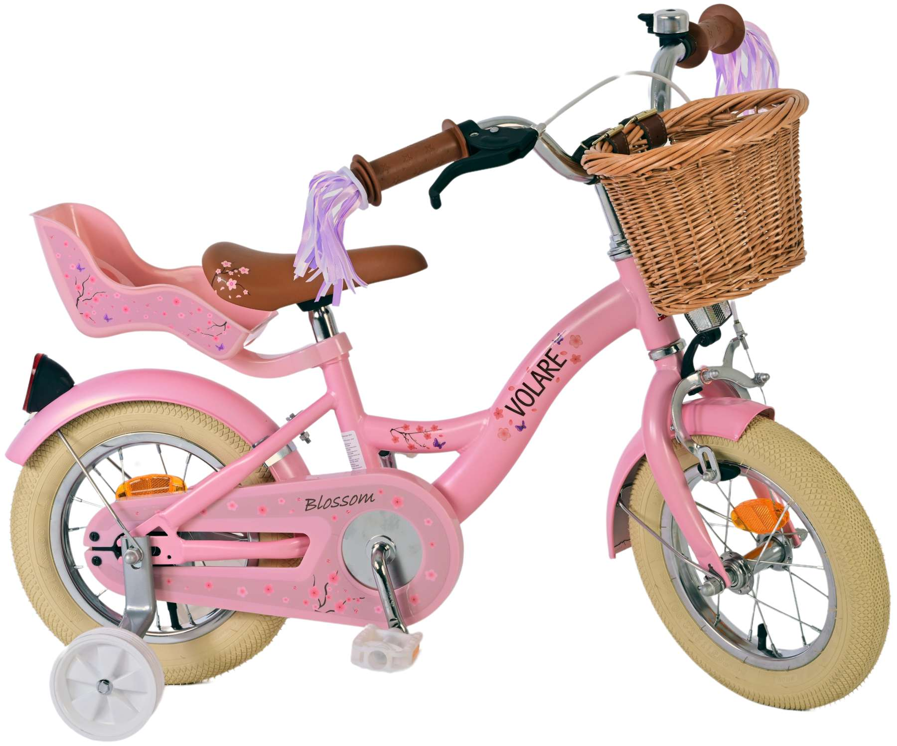 Rosa Volare-Fahrrad mit Korb und Stützrädern.