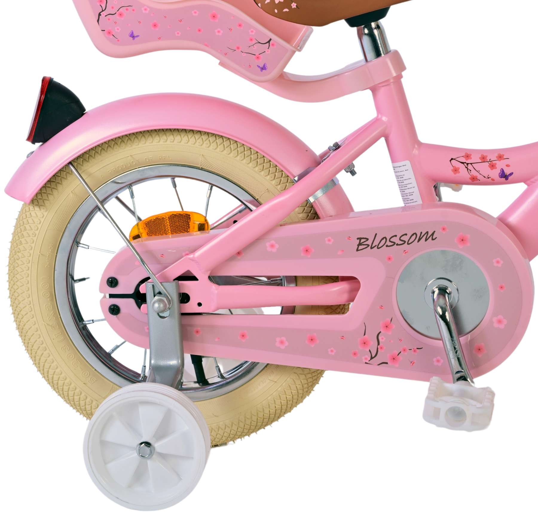 Rosa Fahrrad mit Stützrädern, Sitz und Blossom-Logo am Kettenschutz.