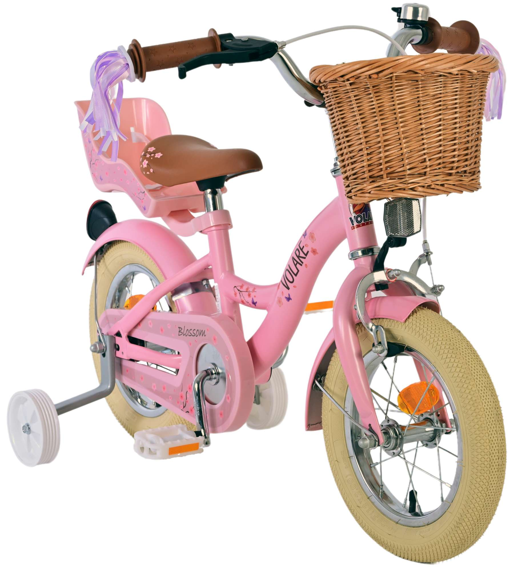 Rosa Fahrrad mit Korb und Kindersitz. Stützräder, weiße Reifen, braune Akzente.