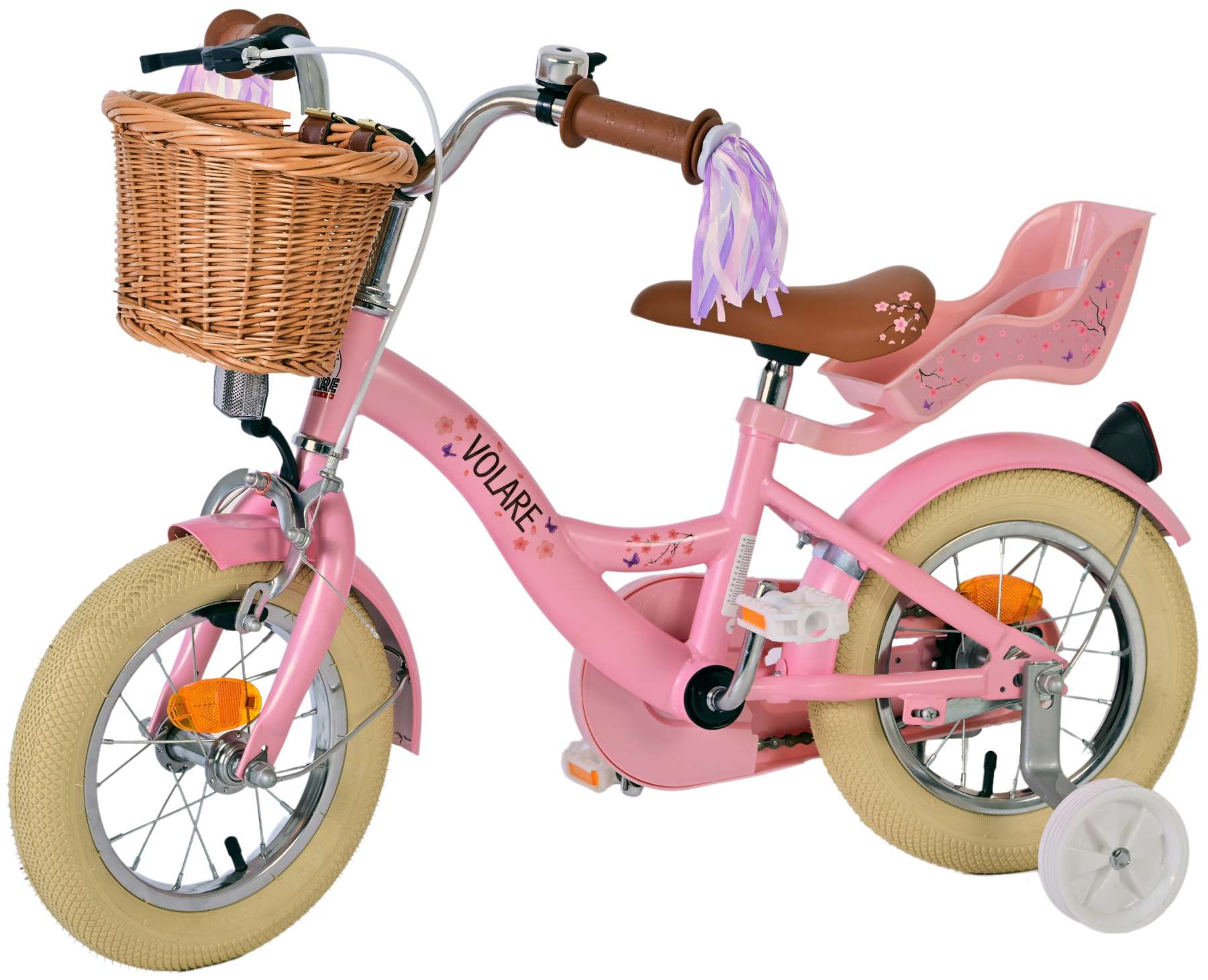 Rosa Kinderfahrrad mit Korb, braunem Sitz, Stützrädern und Volare-Marke.