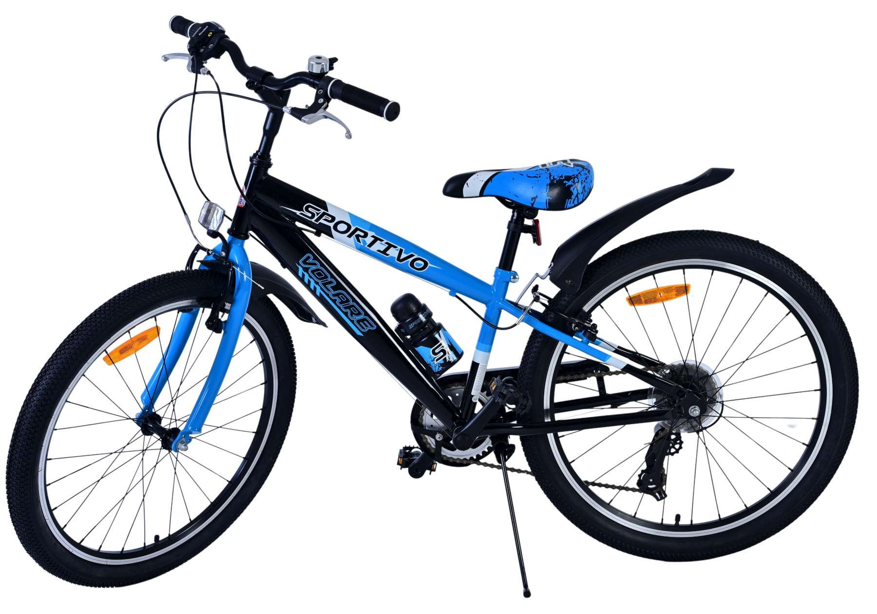 Ein schwarz-blaues Kinderfahrrad mit einem Flaschenhalter.