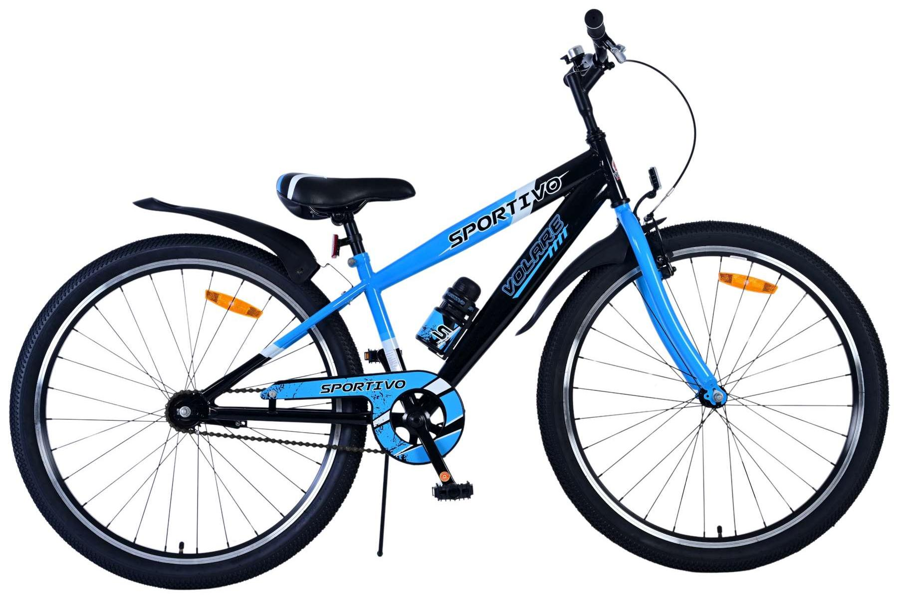 Blaues und schwarzes Fahrrad mit schwarzen Reifen und Flaschenhalter.