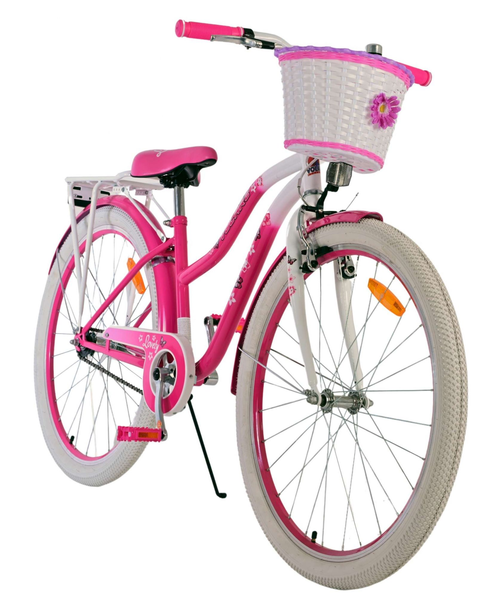 Rosa Fahrrad mit weißen Reifen, Korb und Gepäckträger. Es hat einen rosafarbenen Rahmen.