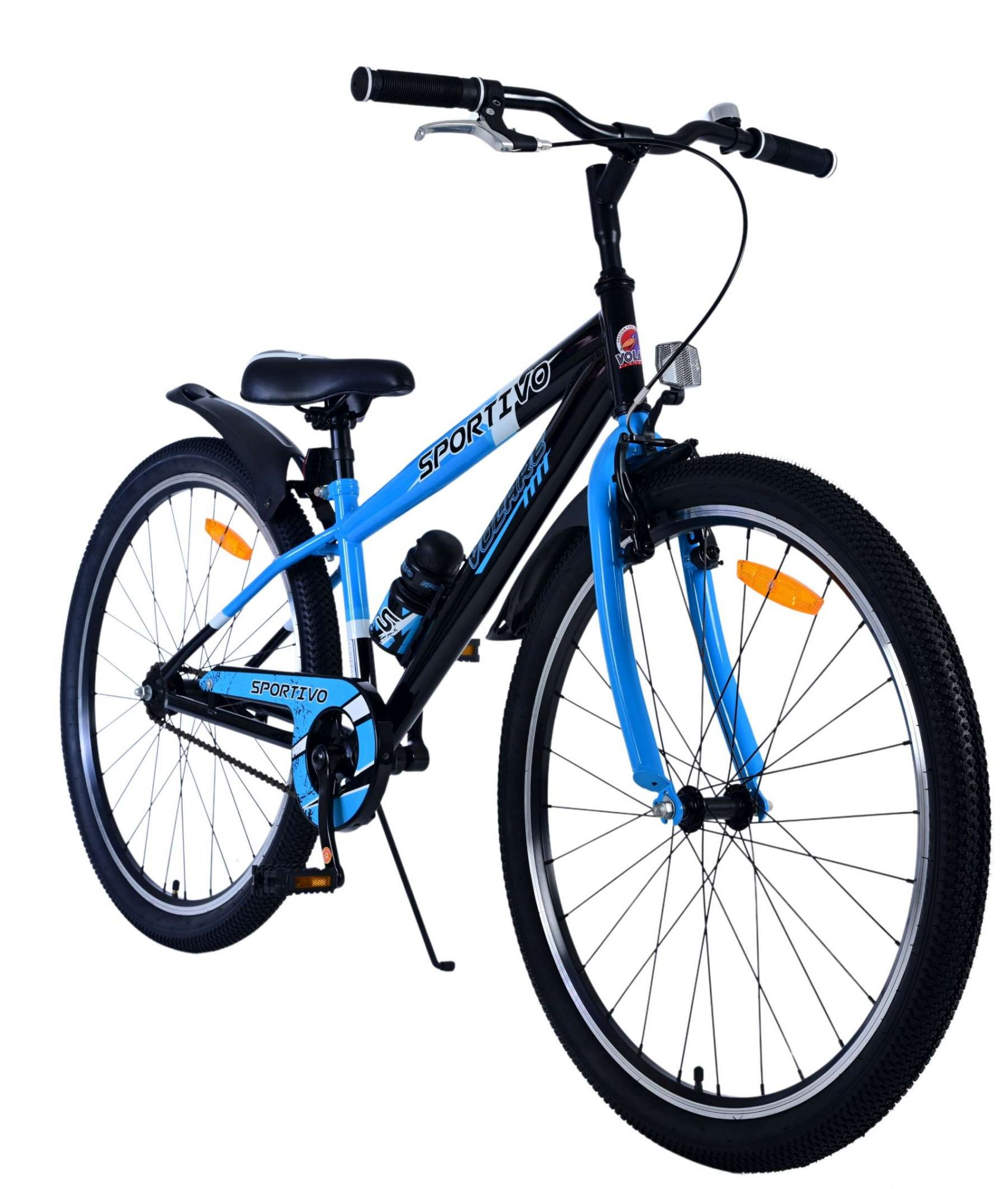 Blaues und schwarzes Mountainbike mit 'SPORTIVO'-Text und einer Wasserflasche.
