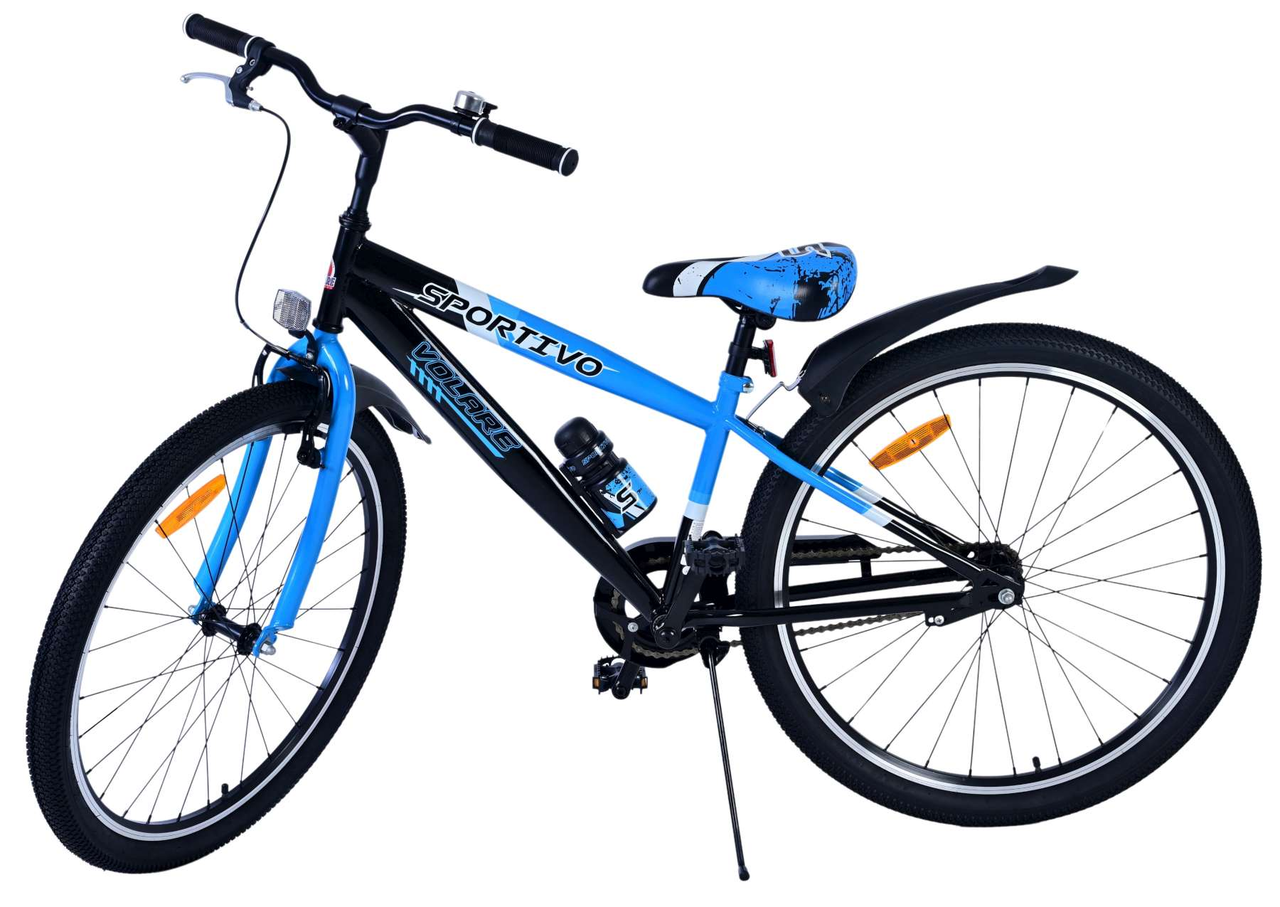 Blaues und schwarzes Fahrrad mit schwarzem Sitz und Flaschenhalter.