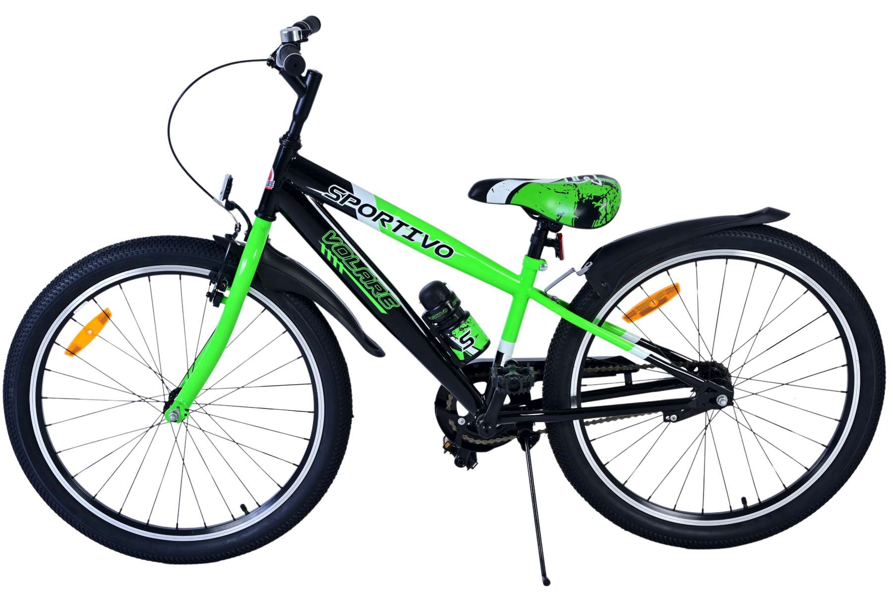 Grünes und schwarzes 'Sportivo'-Fahrrad mit grünen Akzenten, Wasserflasche und schwarzen Reifen, weißer Hintergrund.