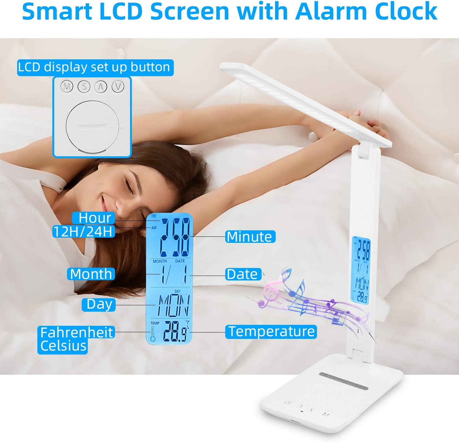 Eine Frau liegt im Bett neben einem digitalen Wecker. Die Uhr zeigt Zeit und Datum an.