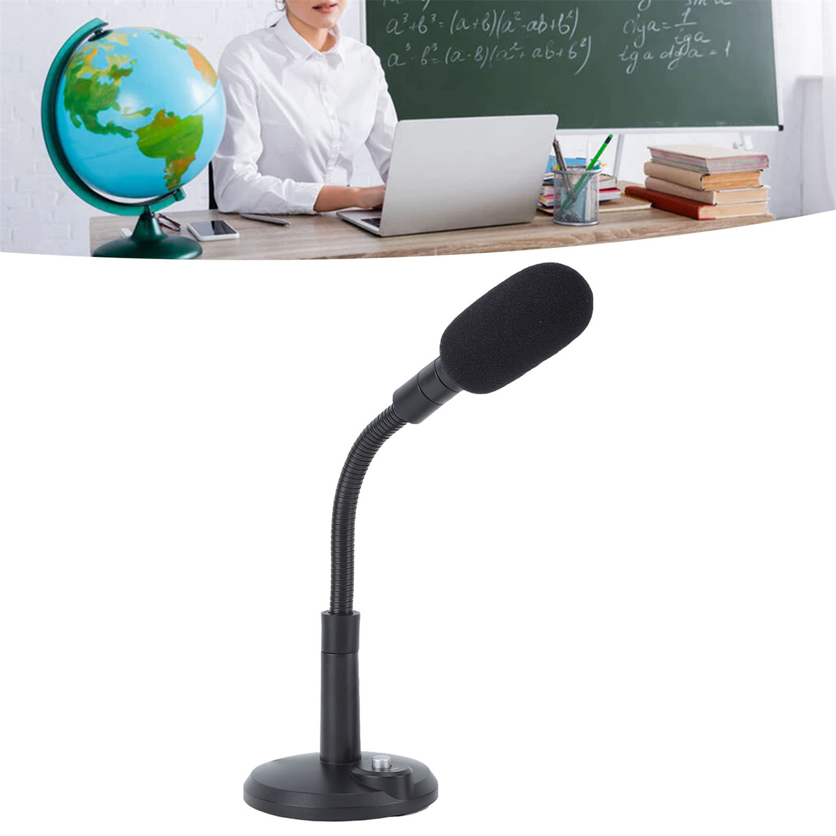 Ein schwarzes Mikrofon auf einem Ständer, im Hintergrund ein Lehrer und ein Globus.
